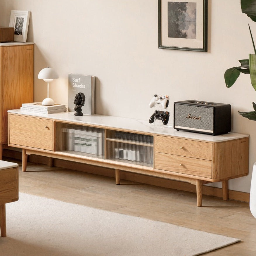 Solid Oak Wood Sliding Door TV Stand with Natural Rock Slab Surface - Modern Entertainment Center for Living Room & Home Theater
