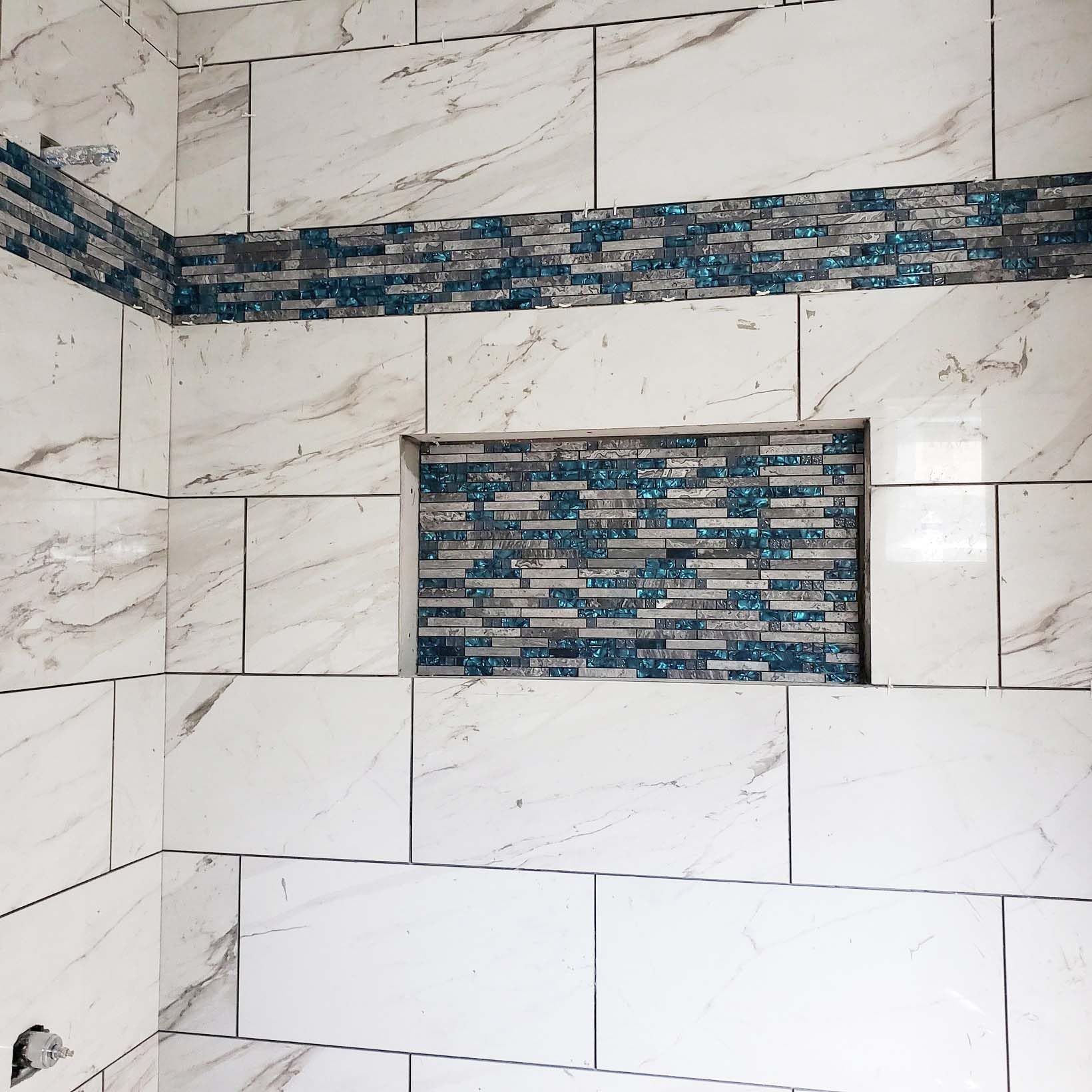 Teal Blue Crystal Glass and Gray Polished Marble Linear Mosaic Tile - 11 Sq Ft Interlocking Bathroom Wall Tiles, Kitchen Backsplash, Fireplace Decor for Modern Home Renovation