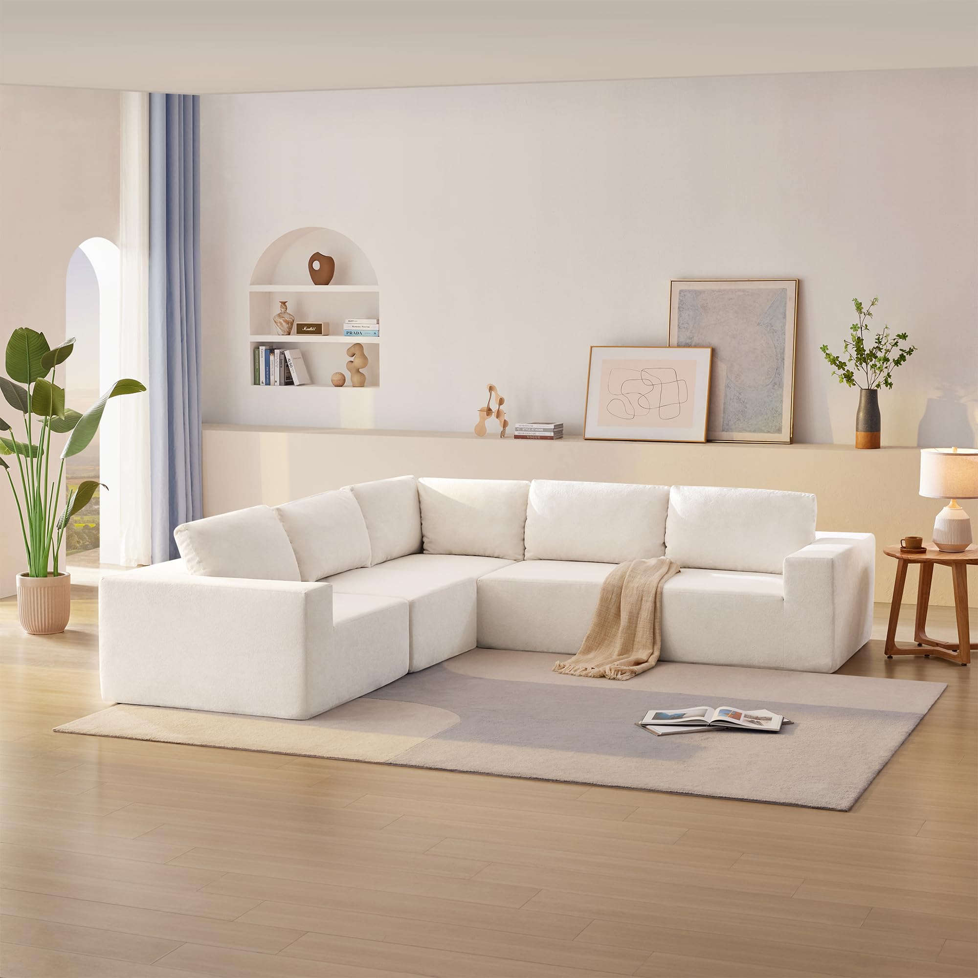 HABITRIO Modular L-Shaped Sectional Sofa Set - Luxury Upholstered Floor Couch with Convertible Sofa Bed for Living Room & Bedroom - Beige - Perfect for Small Spaces, Apartments, and Cozy Home Decor