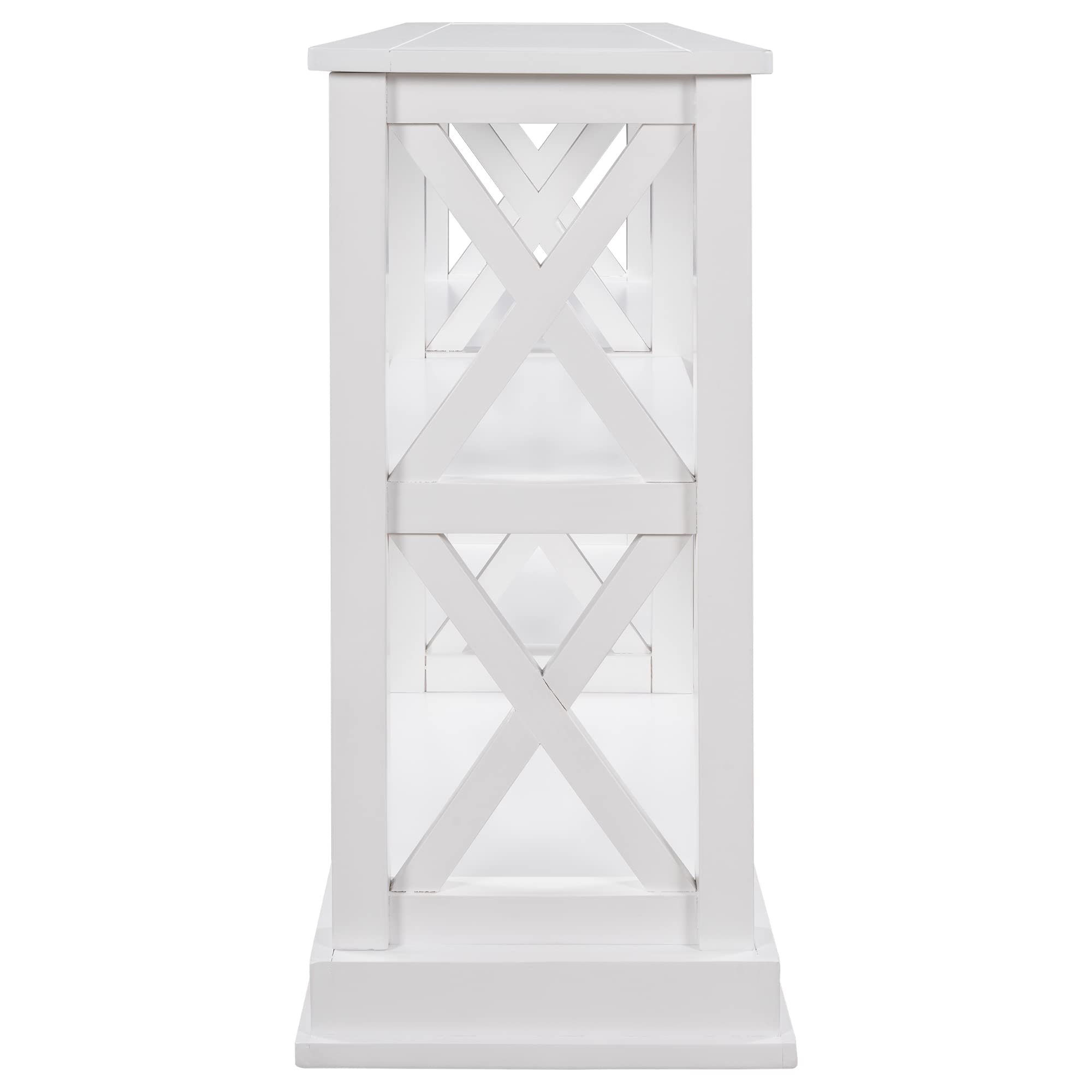 Modern White Console Table with 3-Tier Open Storage & X-Shaped Legs - Narrow Sofa Table, Side Table, Entryway Table for Living Room, Hallway, Bedroom - Perfect for Small Spaces & Home Organization