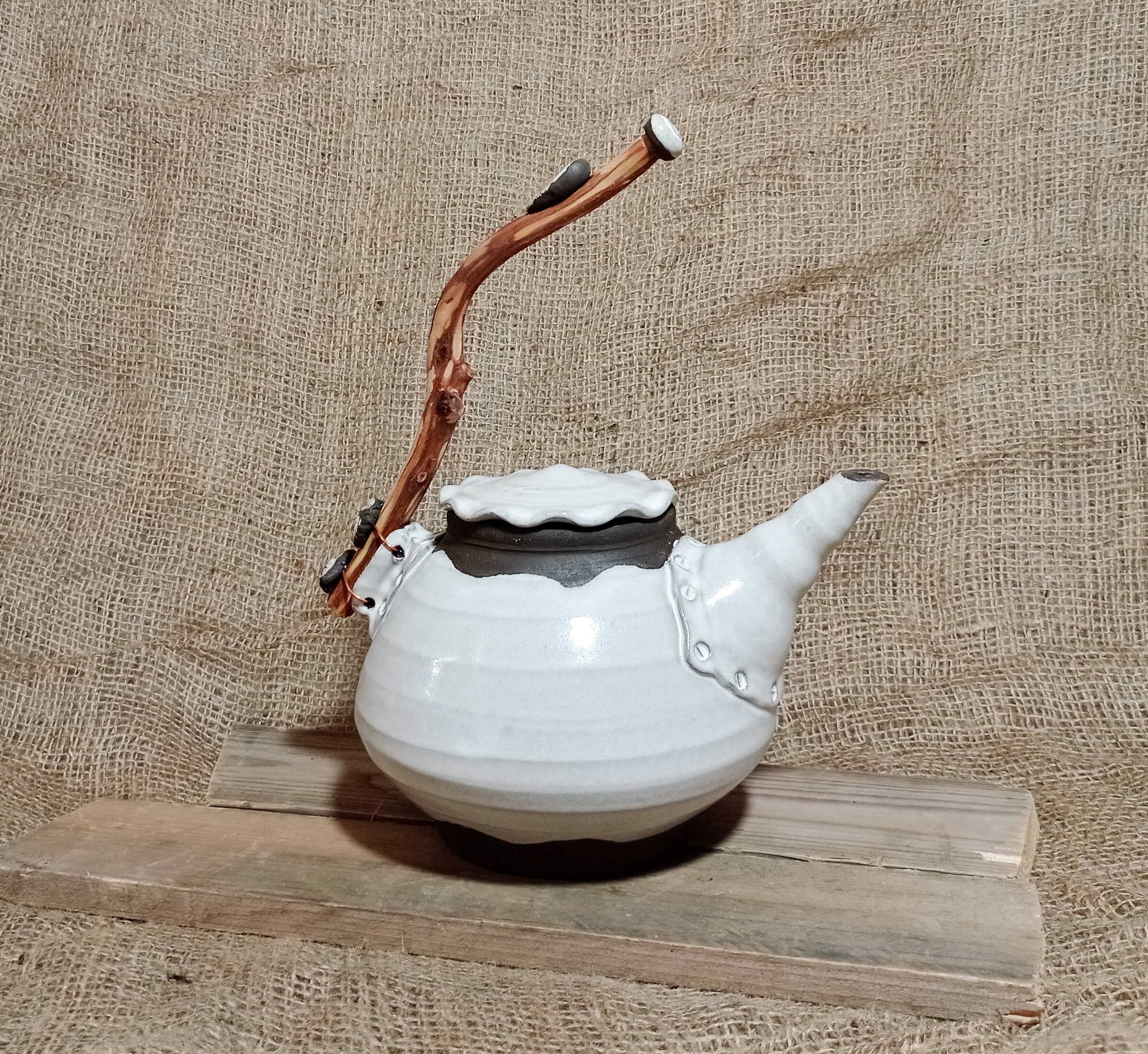 Handmade 60 Oz Black Clay Teapot with Natural Wood Handle - Unique Wheel-Thrown Cream Kitchenware - Perfect Gift for Mom, Tea Lovers & Home Decor