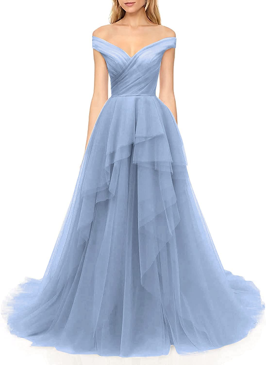 Elegant Off Shoulder Tulle Tiered Pleated Prom Dress - Long Formal Ball Gown for Women | Perfect for Homecoming, Quinceañera & Evening Galas