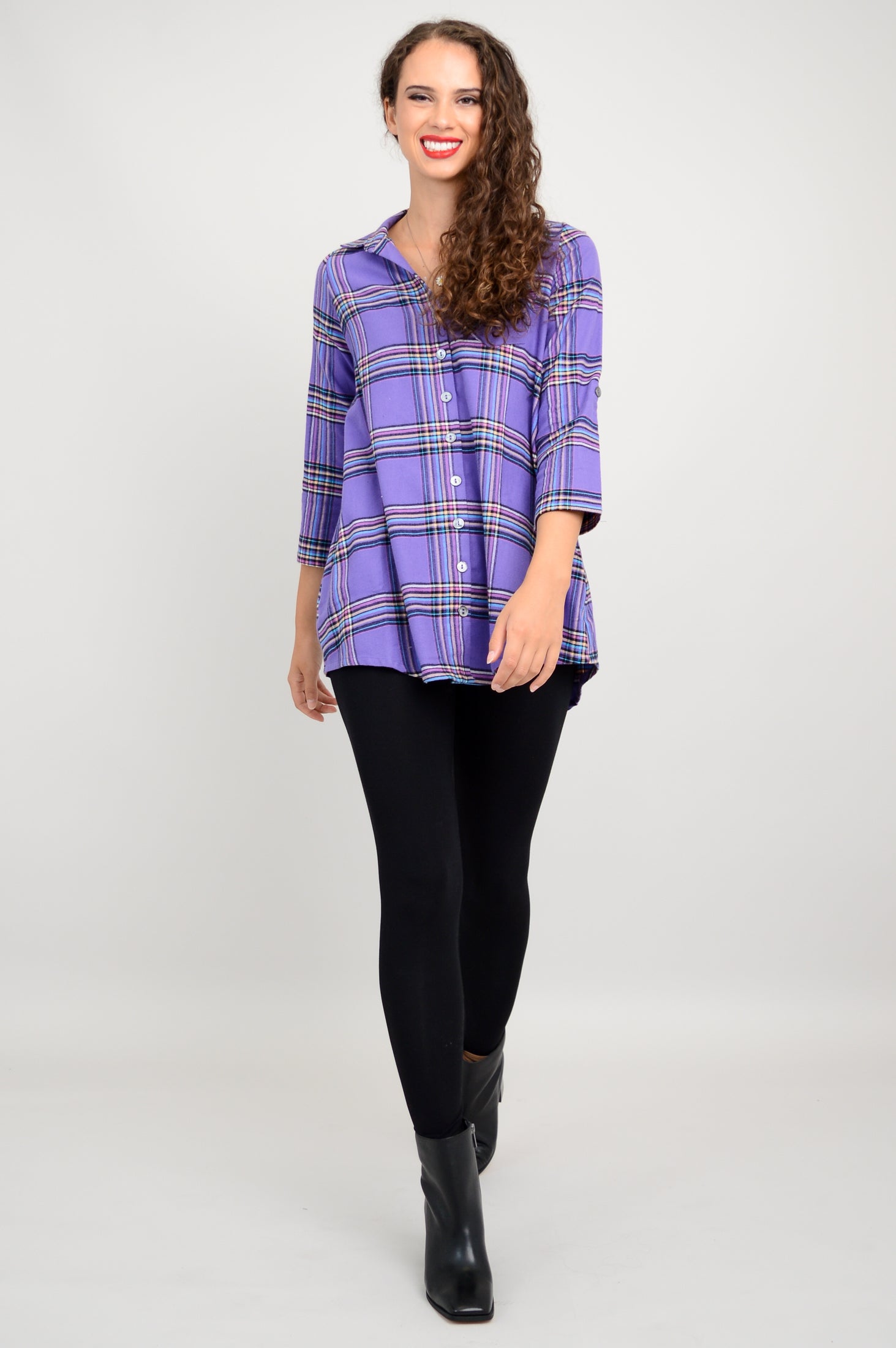 Celine Tunic Top - Violet Plaid Cotton Flannel Shirt for Women | Casual Fall Outfit, Layering Piece & Office Wear