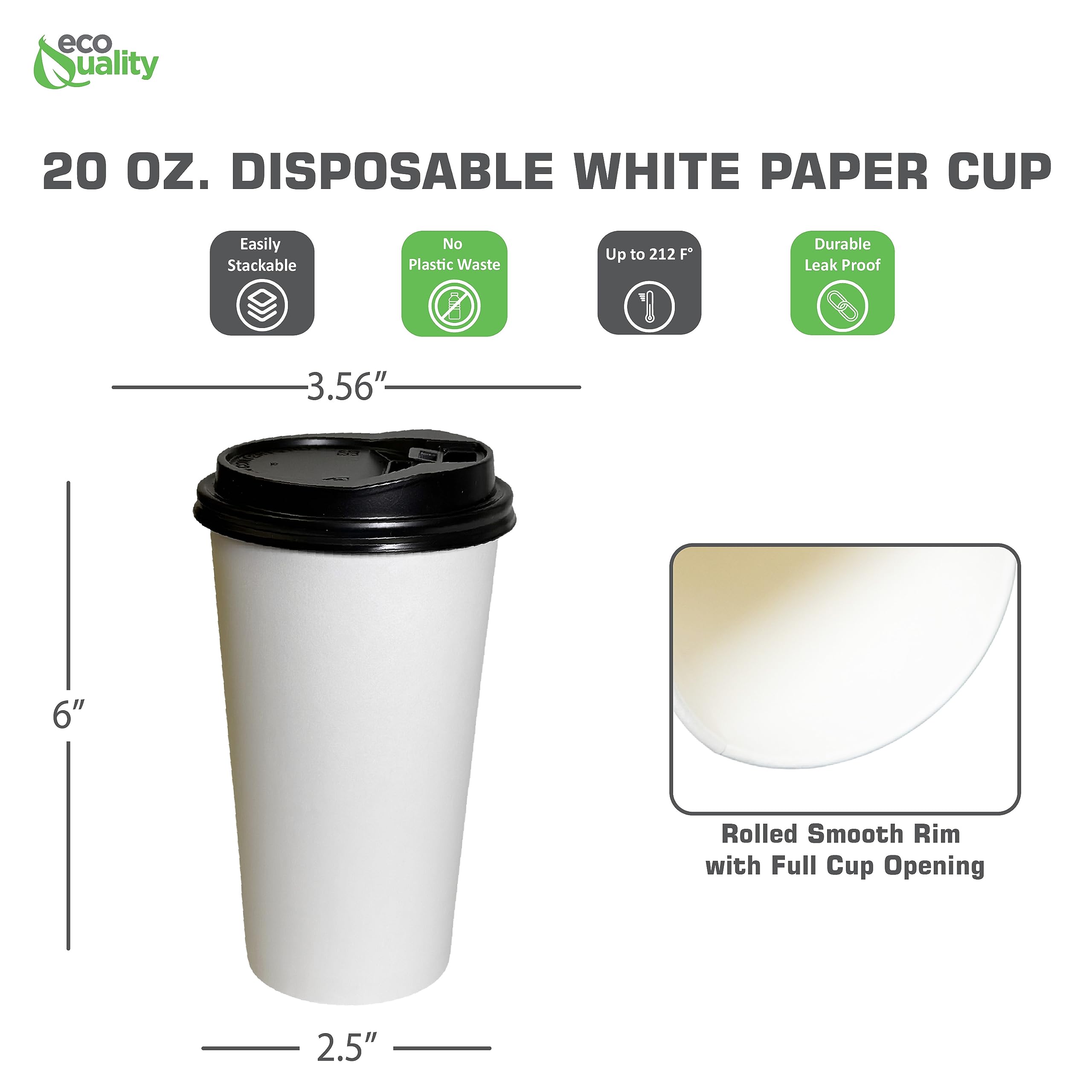 EcoQuality 20oz Disposable White Paper Coffee Cups with Black Lids - Bulk Pack of 400 - Perfect for Hot Coffee, Tea, Cappuccino, Hot Chocolate & Chai Latte - Ideal for Office, Cafes, Travel & Home Use