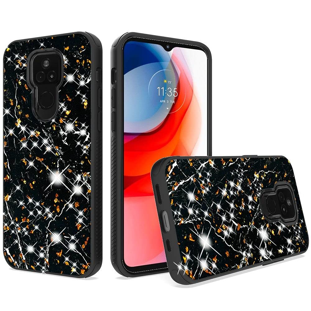 Motorola Moto G Play 2021 (XT2093DL) Glitter Printed Hybrid Phone Case with Stand - Black Gold Marble Design | Protective Cover for Everyday Use, Office & Travel