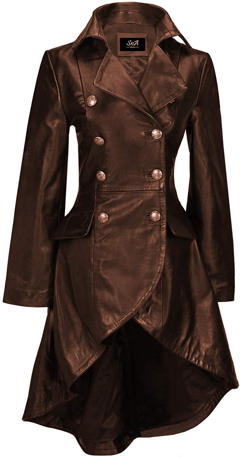 Gothic Black Real Leather Jacket for Women - Victorian Style Fitted Coat with Lace Back Detail | Perfect for Halloween, Cosplay, and Steampunk Fashion