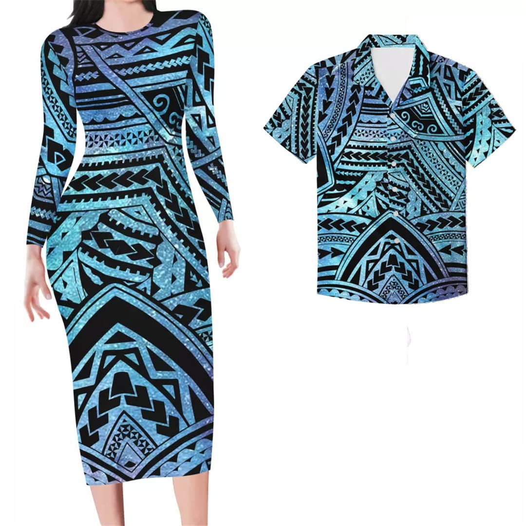 Women's Long Sleeve Polynesian Striped Print Maxi Dress - Boho Beach Cover Up, Summer Vacation Outfit, Date Night & Couple Matching Dress
