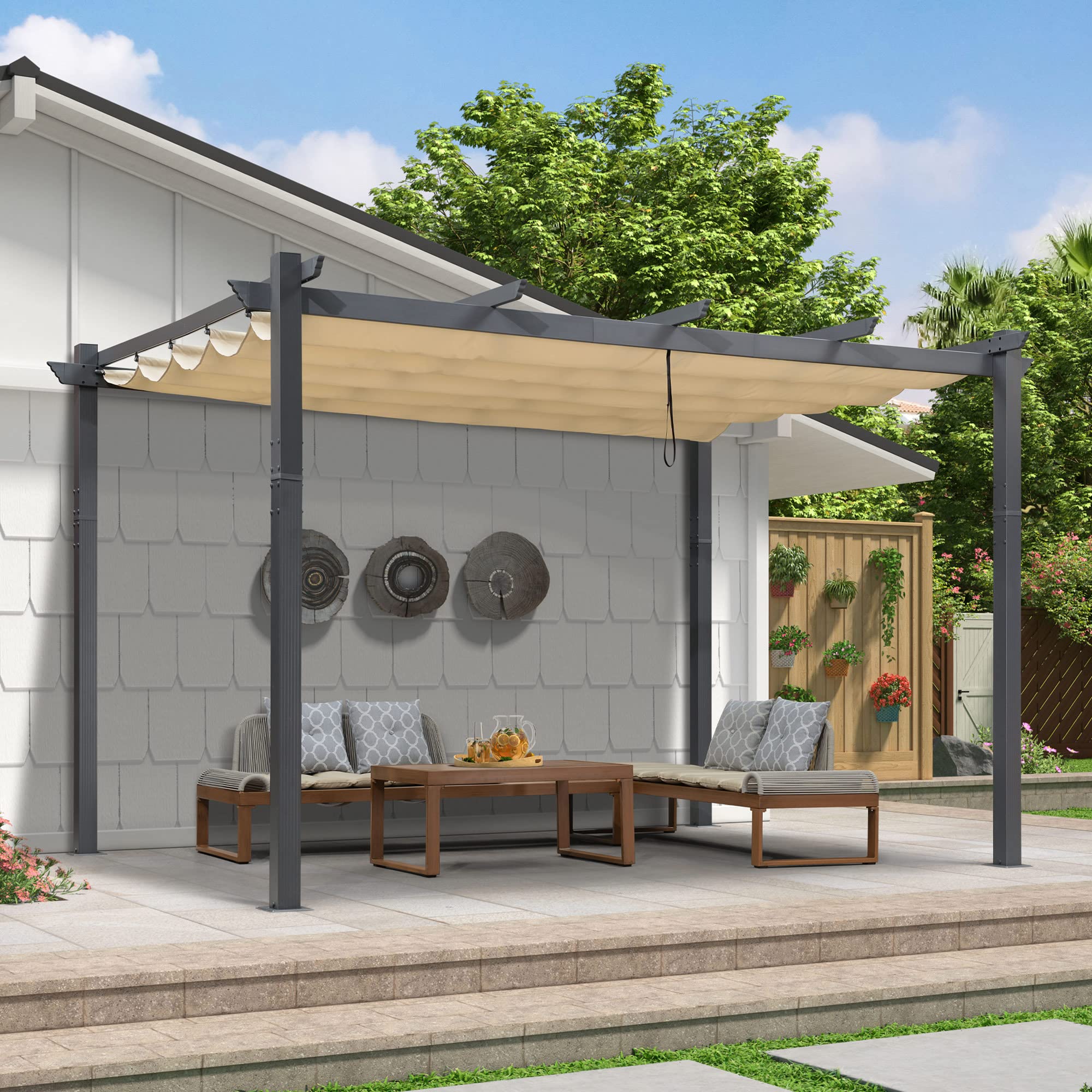 PURPLE LEAF 9.5' X 13' Outdoor Retractable Wall-Mounted Pergola with Beige Shade Canopy - Aluminum Patio Shelter for Backyard, Garden, Porch, Pavilion & Grill Area - Perfect for Outdoor Dining, Lounging and Entertaining