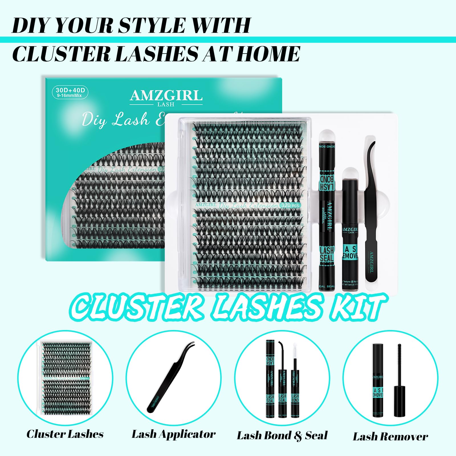 320Pcs DIY Individual Lash Clusters Kit with Lash Bond, Seal & Remover - Professional Eyelash Extension Tools for Home Use (3040D, D-Mix 9-16mm) - Perfect for Salon-Quality Lashes, Bridal Makeup & Special Occasions