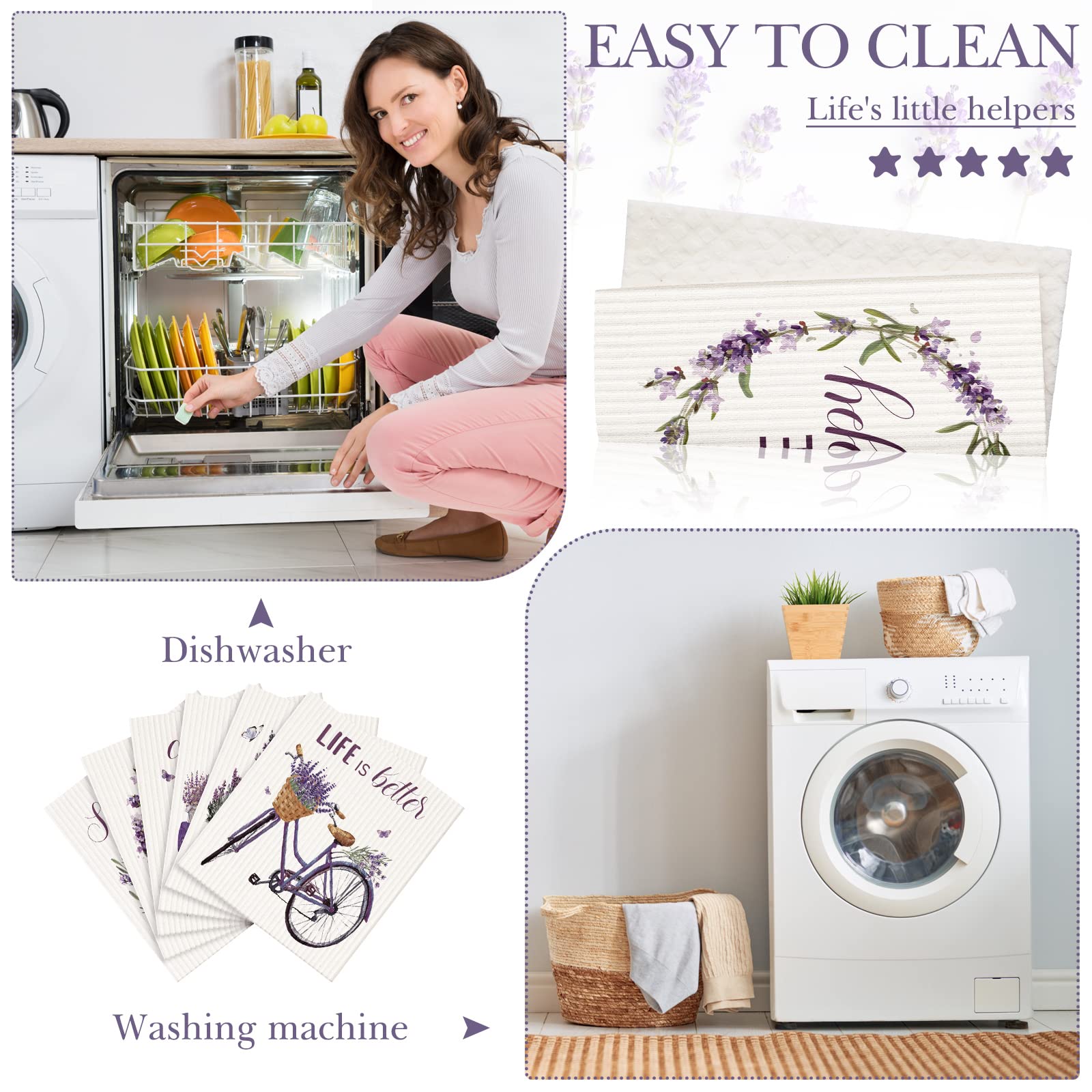 6 Pack Swedish Dish Cloths - Reusable, Absorbent & Quick-Drying Kitchen Towels | Washable Sponge Cleaning Cloths for Dishes, Countertops & More | Decorative Tea Towels & Hand Towels (Lavender) - Perfect for Kitchen Cleaning, Dish Drying & Home Decor