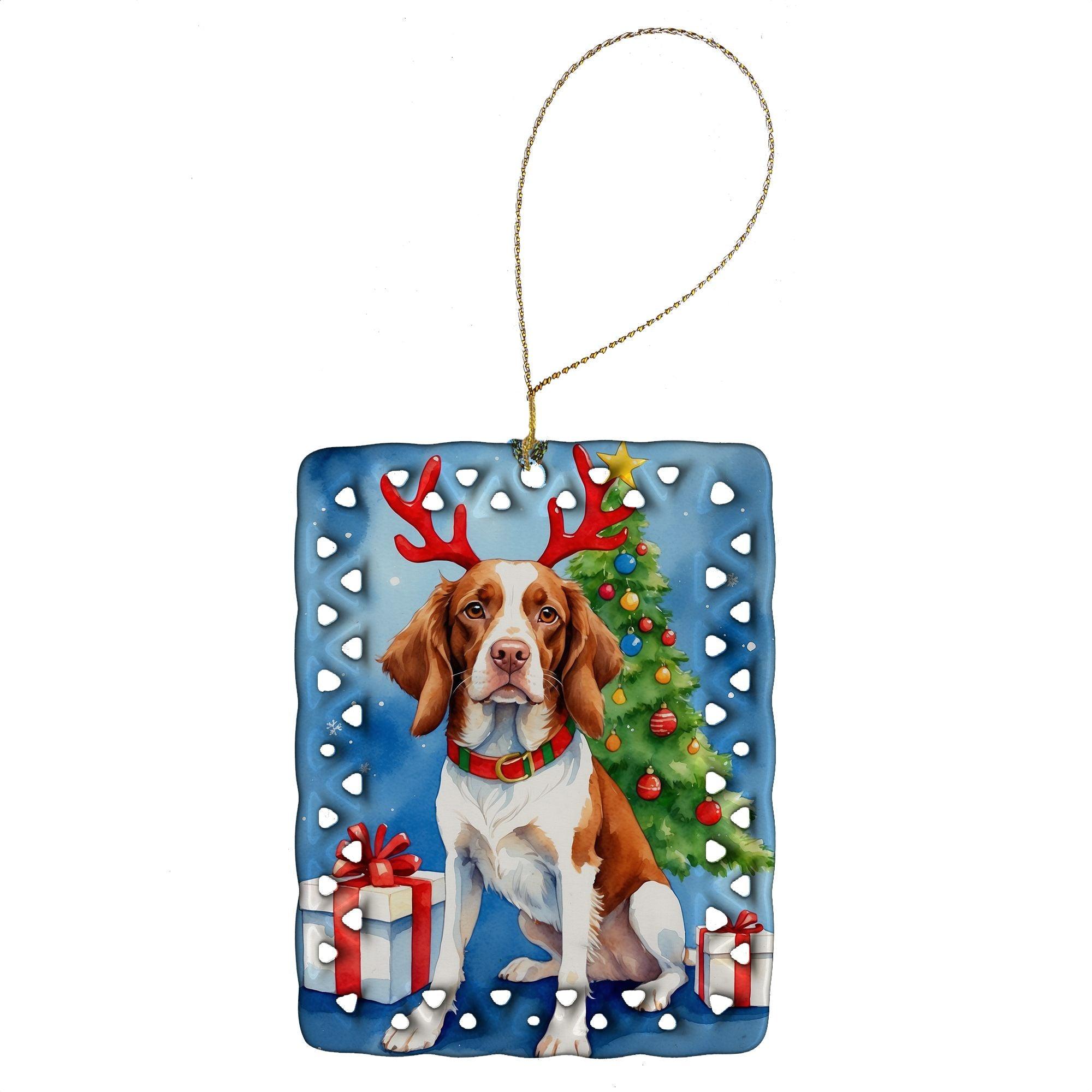 Brittany Spaniel Christmas Reindeer Porcelain Ornament - Hand-Painted Holiday Tree Hanging Decor for Home, Festive Rectangle Gift (Multicolor) - Perfect for Christmas Tree Decorations, Fireplace Mantel & Holiday Party Decor