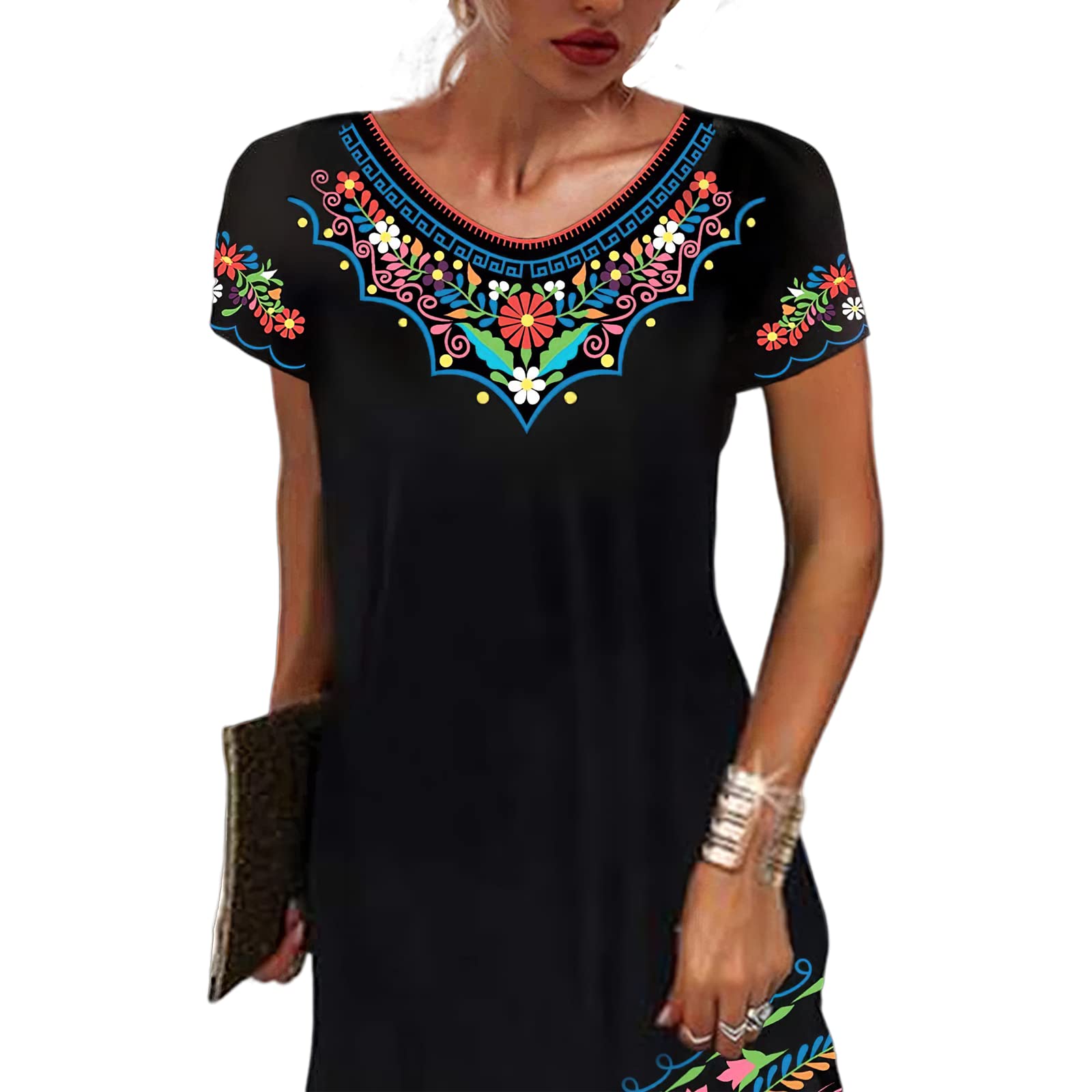 Women's Floral Aztec Print V-Neck Midi Dress - Casual Short Sleeve T-Shirt Dress for Summer, Beach, and Everyday Wear