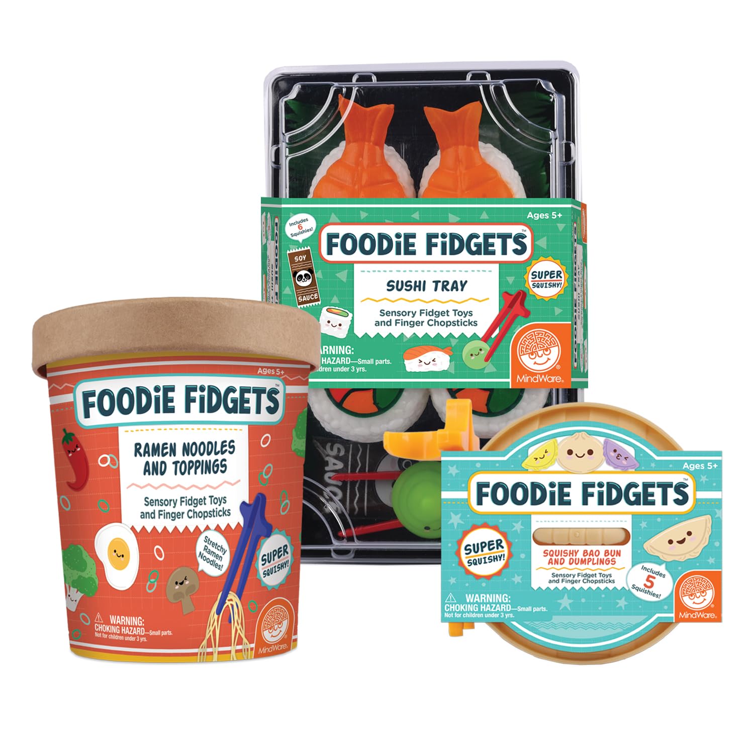 MindWare Foodie Fidgets Set - 3 Pack Squishy Sensory Toys (Ramen Noodles, Bao Bun, Dumplings & Sushi Tray) for Stress Relief - Fun Fidget Toys for Kids & Adults - Perfect for Anxiety Relief, Office Desk & Classroom Focus