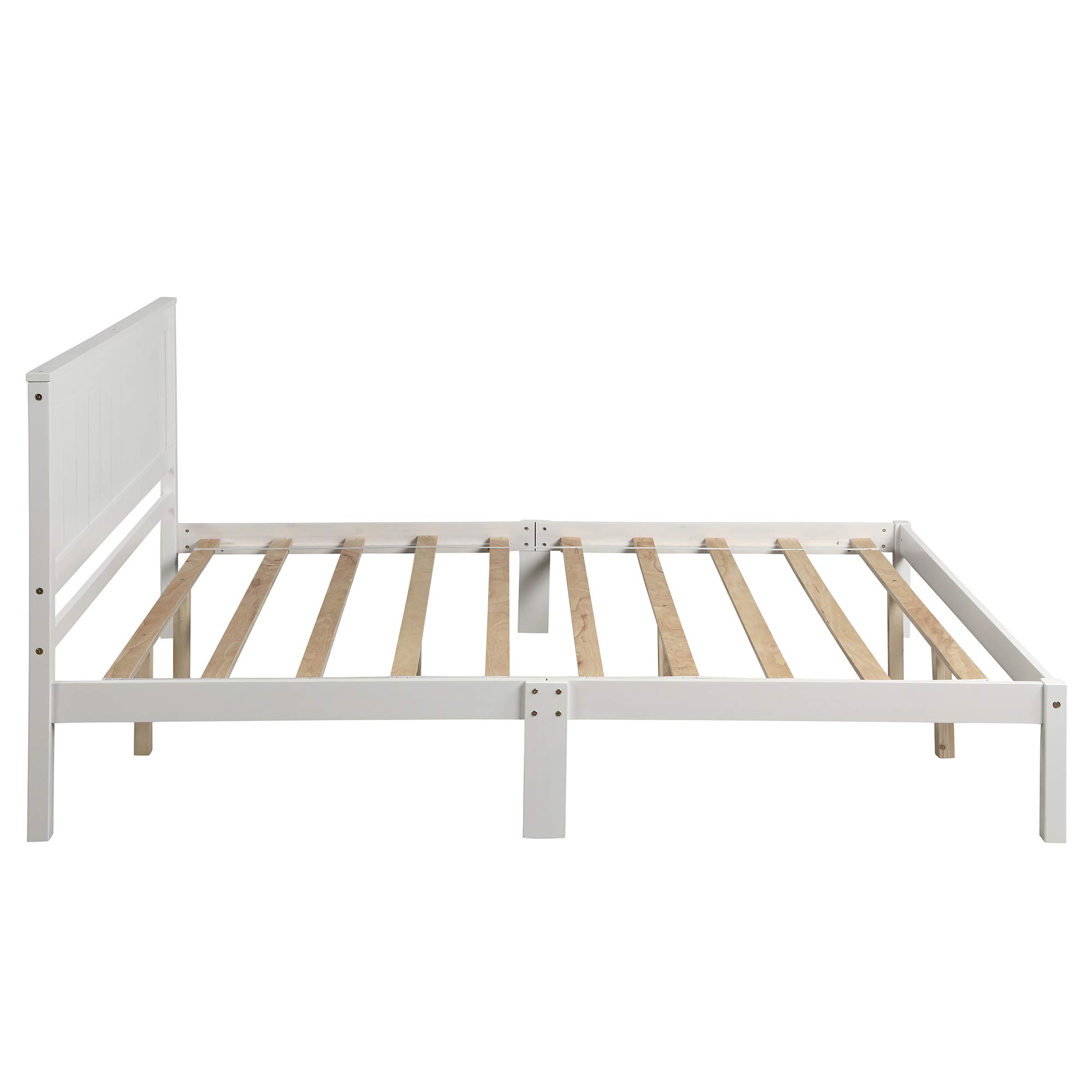 P PURLOVE Queen Size Bed Frame - Solid Wood Platform Bed with Headboard, No Box Spring Needed, White Wooden Bed for Bedroom, Guest Room & Master Suite