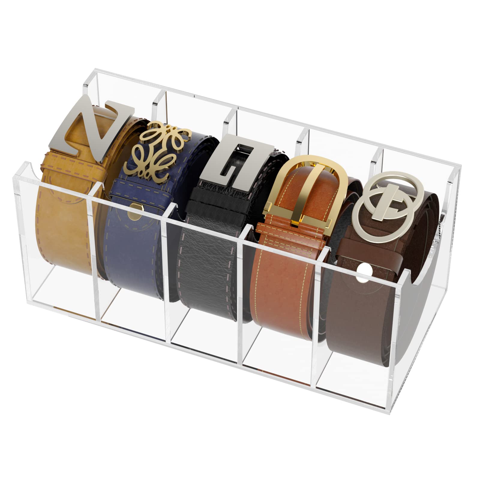 FEMELI Acrylic Belt Organizer - 5 Compartment Clear Storage Holder for Belts, Ties & Bow Ties | Closet Organization & Retail Display Case