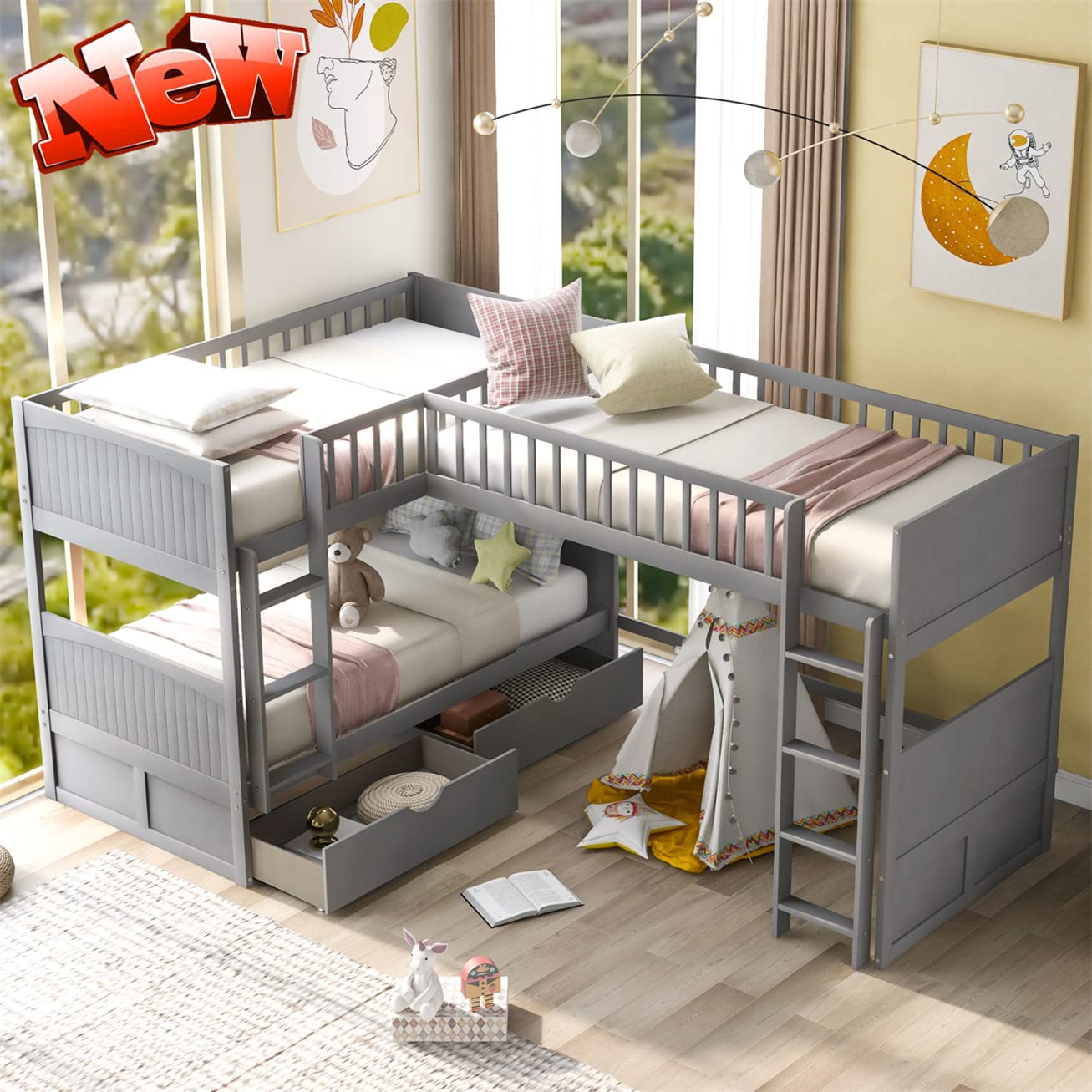 Sturdy L-Shaped Solid Wood Triple Bunk Bed with Storage - Twin Over Twin Bunk Bed & Attached Loft Bed - Heavy Duty, Easy Assembly (Gray, No Stairway) - Perfect for Kids' Bedrooms, Dormitories & Space-Saving Home Solutions