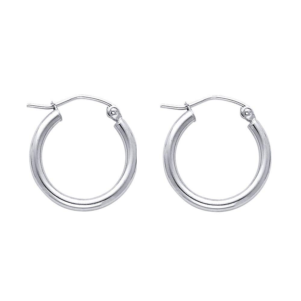 14K White Gold 2mm Round Tube Polished Hoop Earrings - 17mm Dainty Stud Earrings for Women | Perfect Gift for Anniversary, Birthday & Everyday Wear