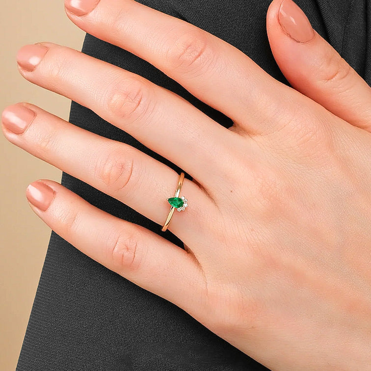 Emerald Pear Gemstone Ring for Women - 14K Gold Plated Dainty Jewelry - Perfect for Engagement, Wedding & Everyday Wear