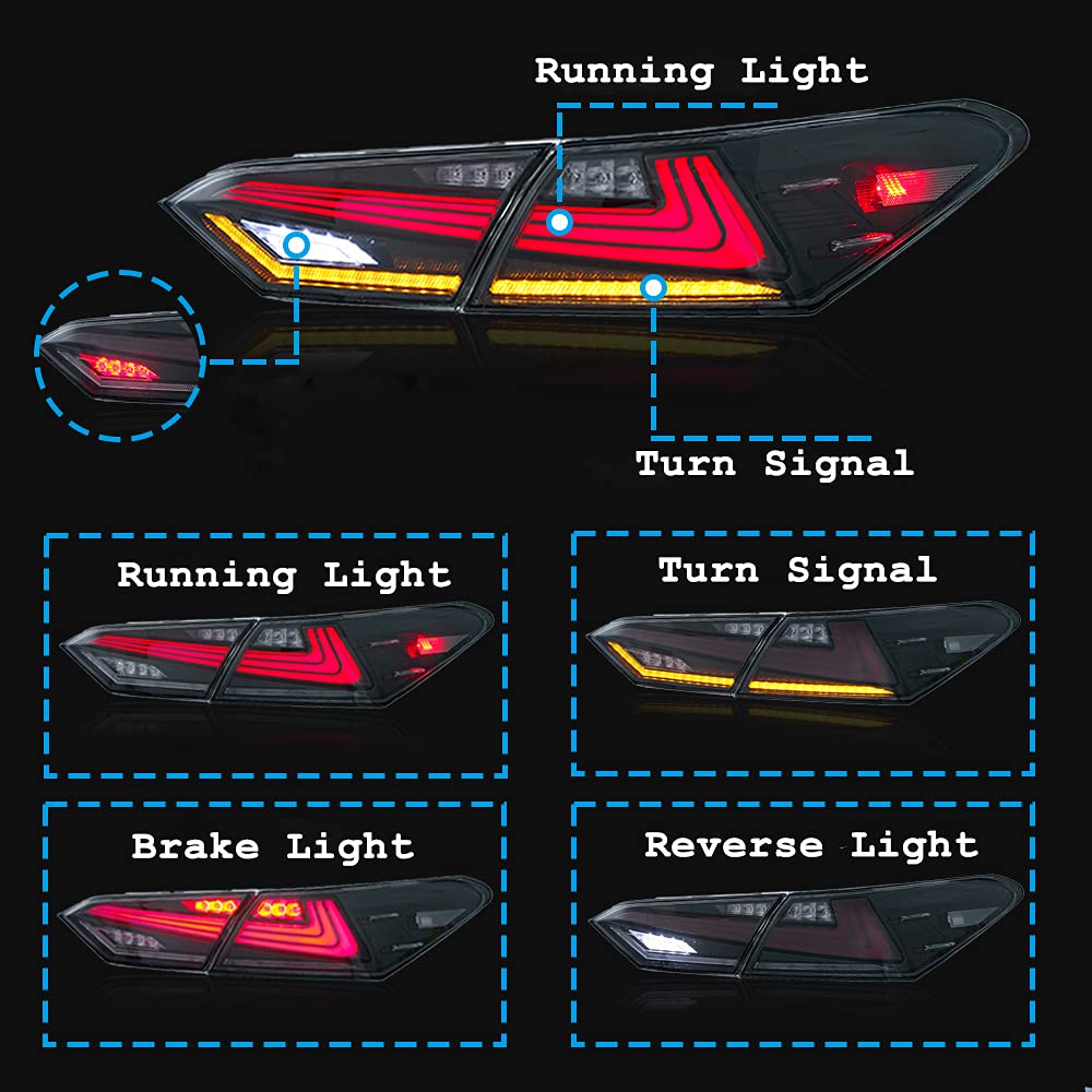 2018-2022 Toyota Camry LED Tail Lights - Clear Lens with DRL, Brake & Turn Signals | Animated Rear Lamps Assembly | Perfect for Night Driving & Car Customization