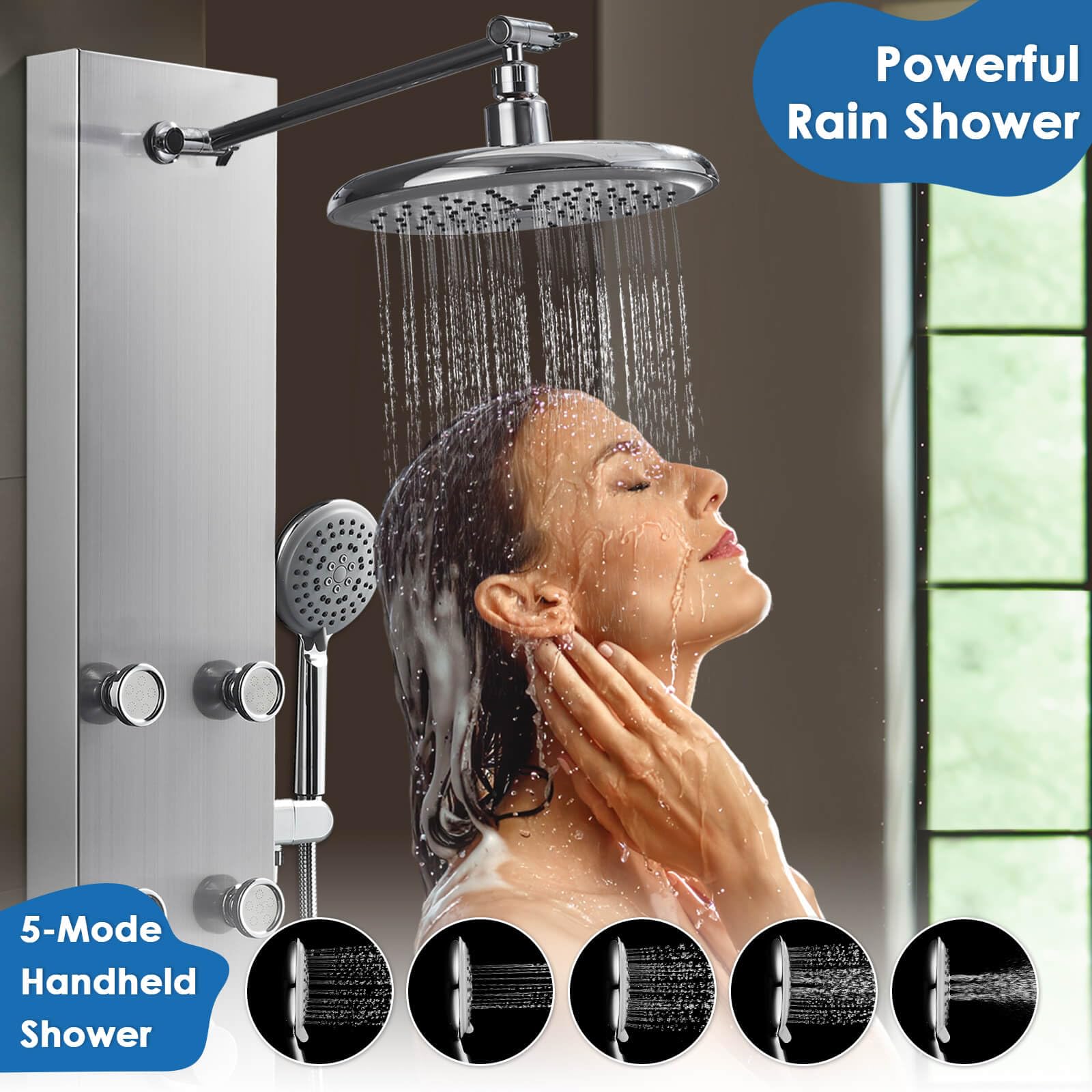 ROVOGO 304 Stainless Steel Shower Panel System - 8 Inch Rainfall Shower Head, 6 Body Jets & 5-Setting Handheld Shower Wand, Adjustable Shower Tower for Luxurious Bathroom Upgrade - Perfect for Master Bath, Spa-Like Experience & Modern Home Renovation