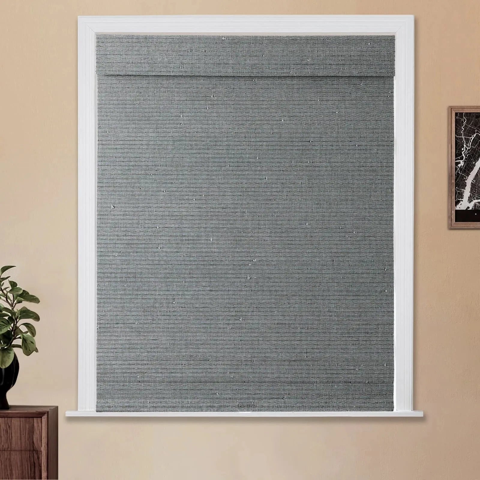 Natural Bamboo Woven Paper Window Shade - Blue | Eco-Friendly Room Darkening Blind for Bedroom, Living Room & Office
