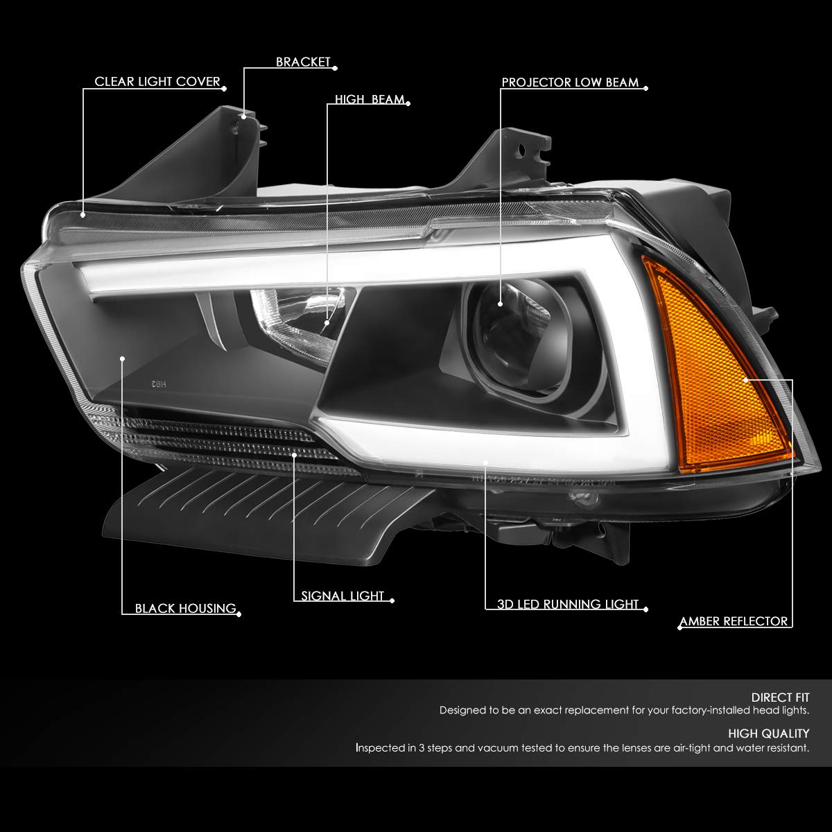 Auto Dynasty 3D LED DRL Projector Headlights Assembly - Compatible with Dodge Charger 2011-2014 Models - Driver & Passenger Side - Black Housing - Upgrade for Night Driving & Enhanced Visibility