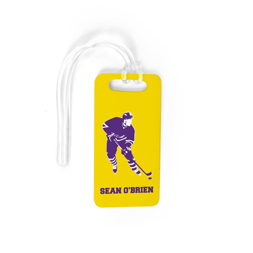 Personalized Hockey Player Name Luggage Tag - Small Yellow & Purple Hockey Bag Tag with Standard Lines | Perfect for Hockey Gear, Travel & Sports Equipment Identification