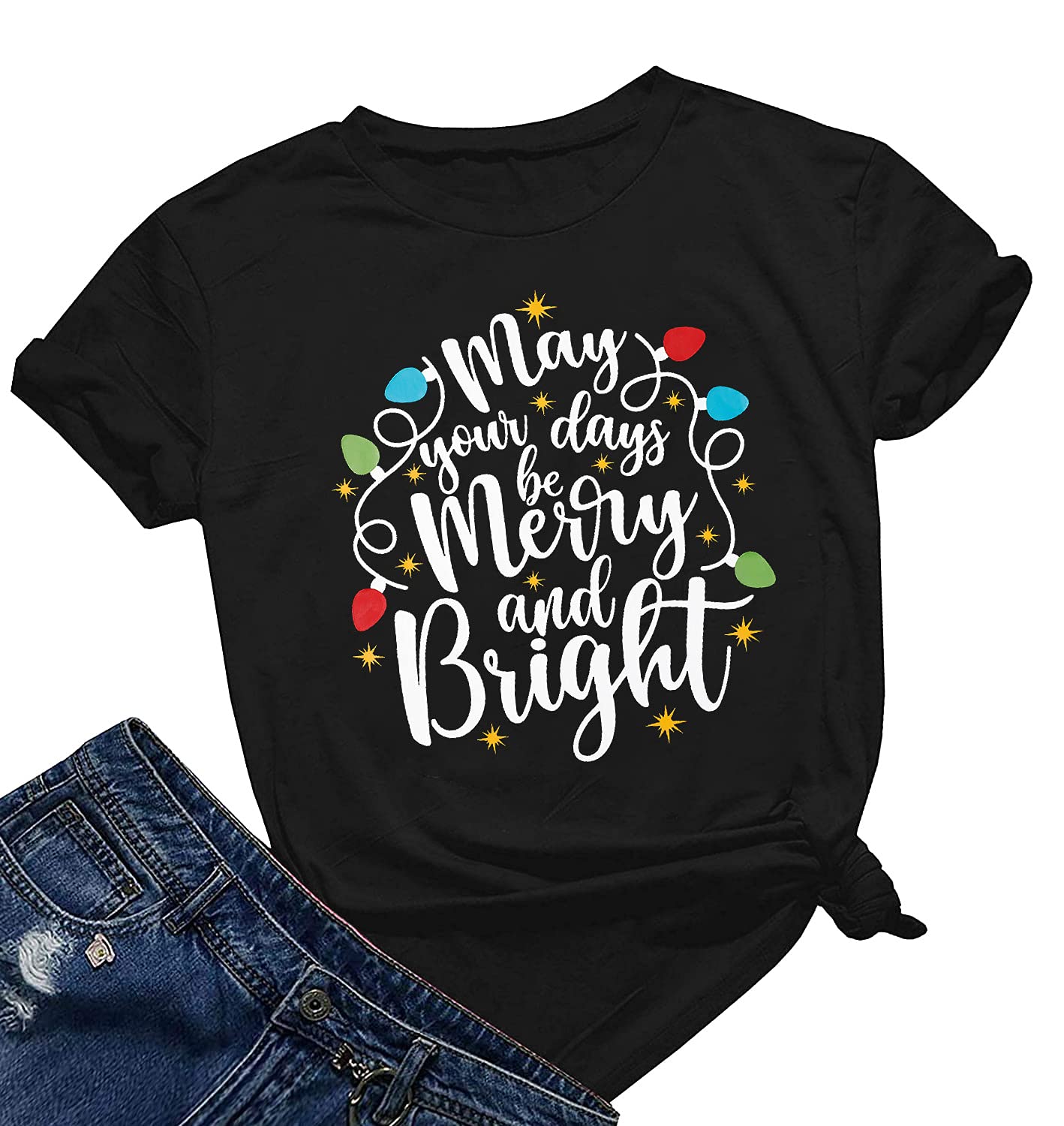 Merry and Bright Christmas Lights T-Shirt for Women - Festive Holiday Graphic Print Short Sleeve Top - Perfect for Christmas Parties, Family Gatherings & Seasonal Photos