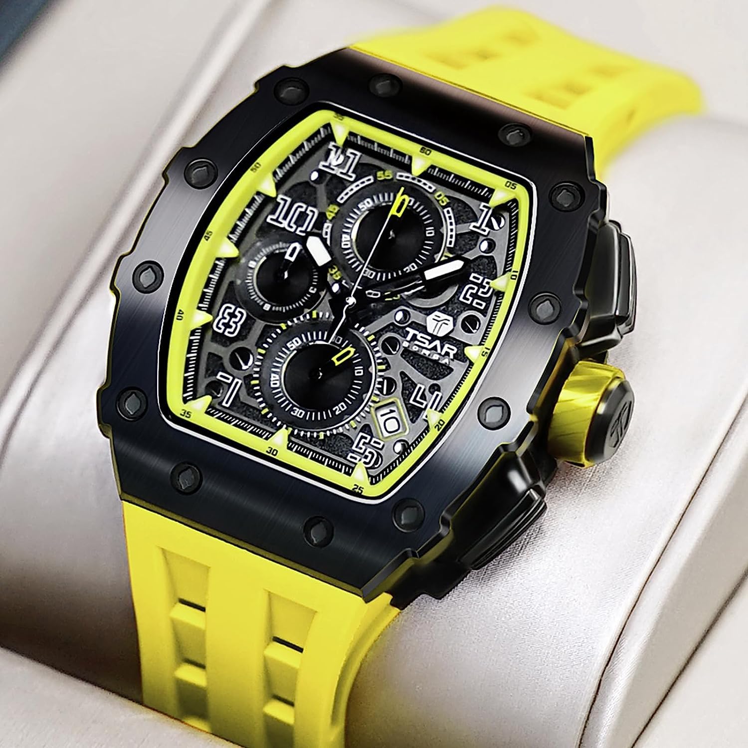 TSAR BOMBA Men's Luxury Chronograph Watch - 50M Waterproof, Luminous, Date Display, Japanese Quartz Movement, Sapphire Crystal, Silicone Strap - Fashion Sport Watch for Men - Perfect for Business, Casual Wear & Outdoor Activities