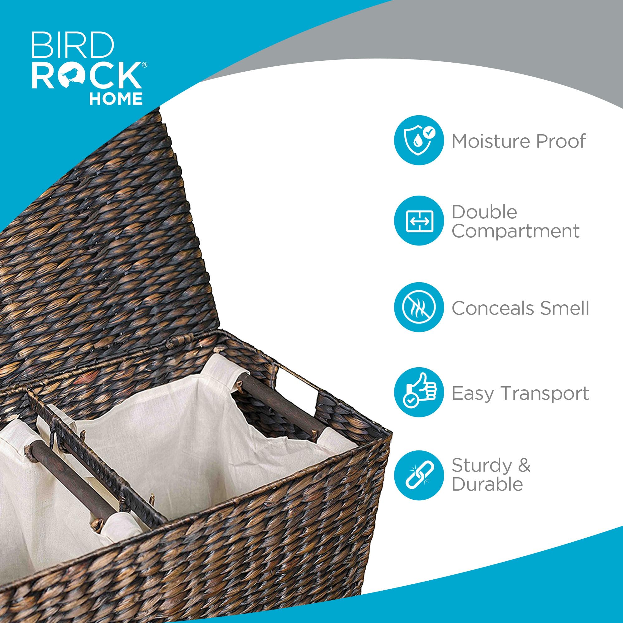 BIRDROCK HOME Handwoven Double Laundry Hamper with Removable Liner Bags & Lid - Espresso Woven Laundry Basket for College Dorm, Bathroom, Bedroom Storage | Perfect for Clothes Organization & Home Essentials