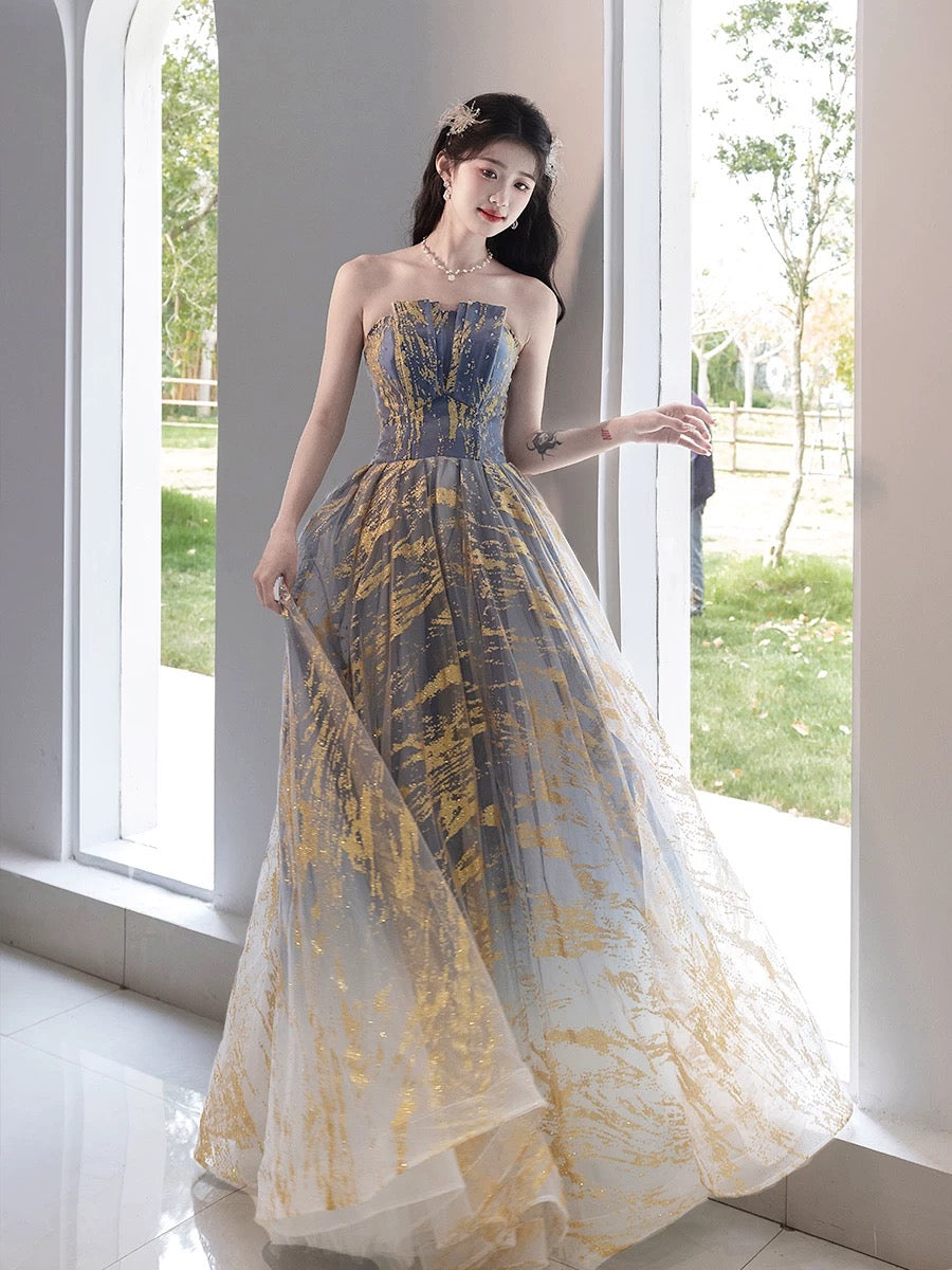 Elegant A-Line Tulle Gold and Blue Long Prom Dress for Women | Formal Evening Gown for Homecoming, Ball, Wedding & Special Occasions