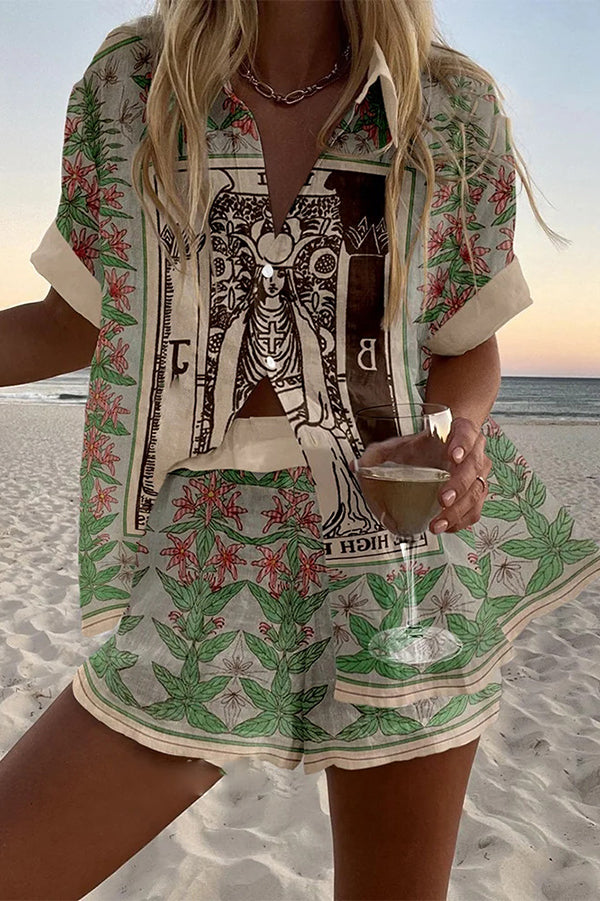 Stylish Tarot Print Loose Fit Button Front Elastic Waist Shorts Set for Women - Perfect for Summer Casual Wear, Yoga, and Beach Outings