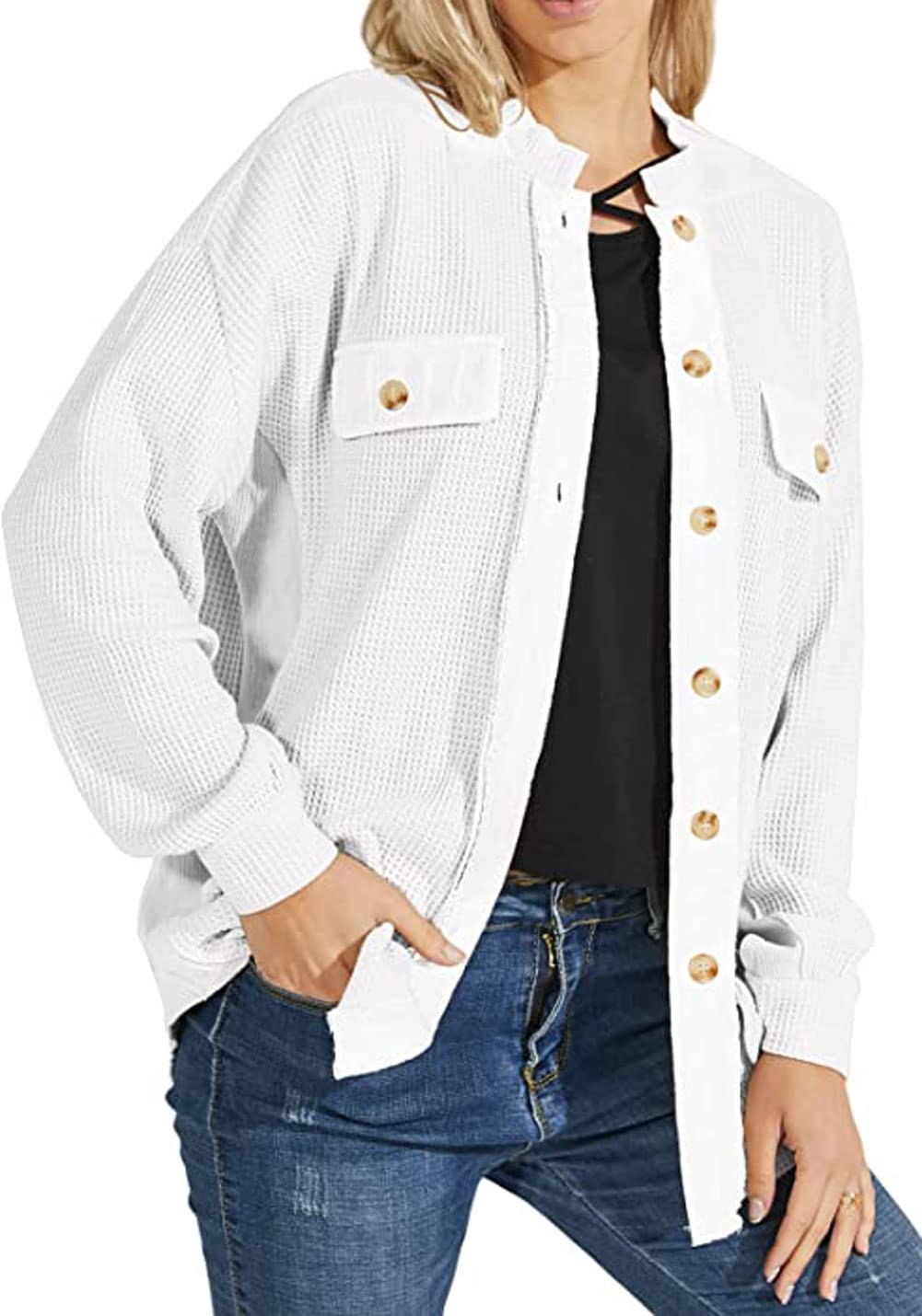 Loveimgs Women's Oversized Waffle Knit Shacket - Corduroy Long Sleeve Button Down Shirt Jacket for Fall | Casual Outfit, Layering Piece & Cozy Loungewear