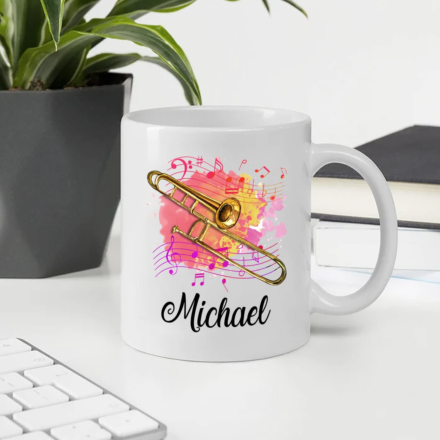 **Personalized Trombone Coffee Mug 11-15 Oz - Custom Name Trombone Player Travel Mug - Unique Gift for Musicians, Men & Women - Perfect for Birthdays, Band Rehearsals & Coffee Breaks**