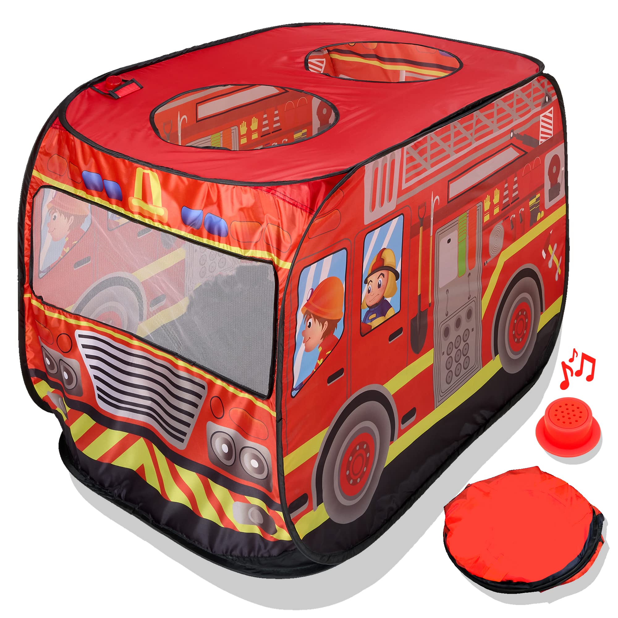 Musical Fire Truck Pop-Up Play Tent with 3 Openings - Firefighter Role Play Tent with Sirens & Fireman Sounds - Indoor & Outdoor Kids Playhouse Toy - Red Fire Engine Vehicle for Pretend Play - Perfect Gift for Birthday, Christmas & Preschool Learning (Great for Imaginative Play, Parties & Daycare Activities)