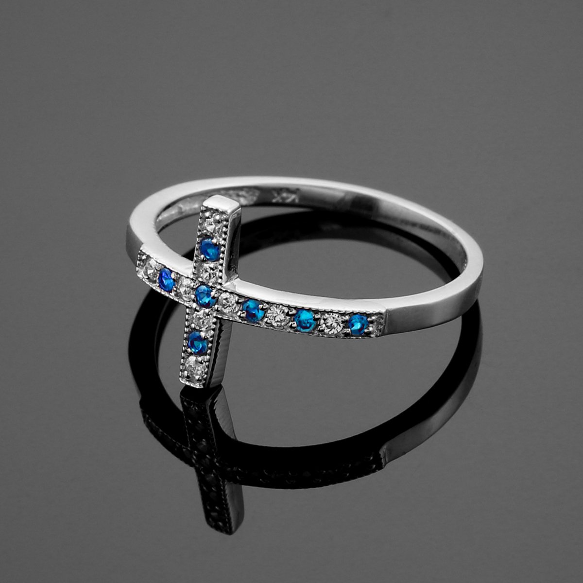 10K White Gold Diamond Sideways Cross Ring with Blue Sapphire - Elegant Religious Jewelry for Women, Perfect for Church, Weddings & Special Occasions