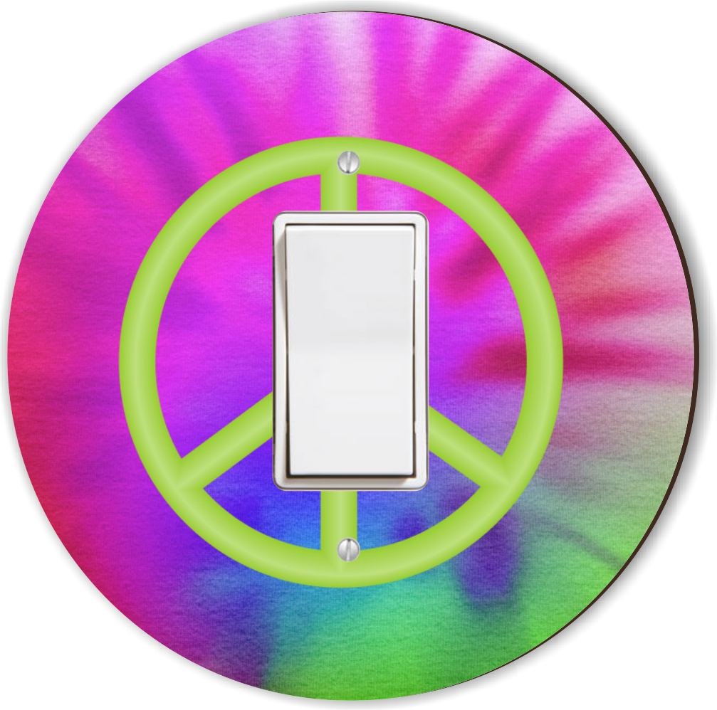 Peace Sign Tie Dye Light Switch Plate Cover - Green Round Single Rocker for Bedroom, Nursery & Boho Home Decor