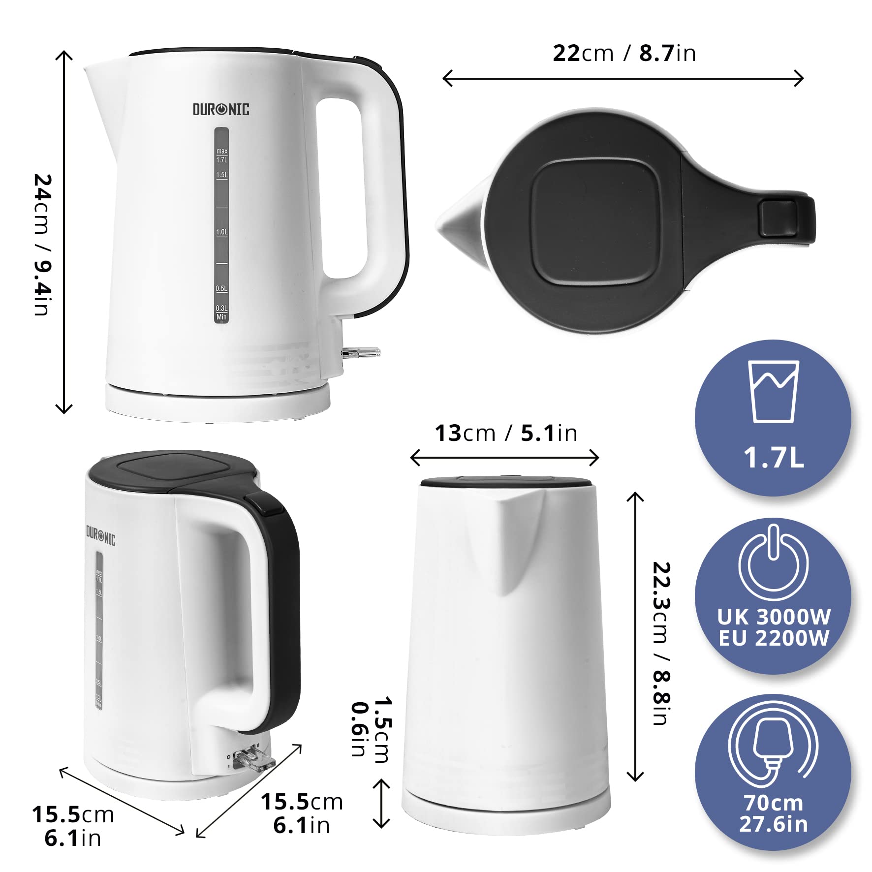 Duronic EK17 WE Cordless Electric Kettle - Fast Boiling, Dry Protection, Quiet Operation - Stainless Steel Water Boiler for Tea, Coffee, Hot Chocolate & Soup - Perfect for Home, Office & Dorm Use (White)