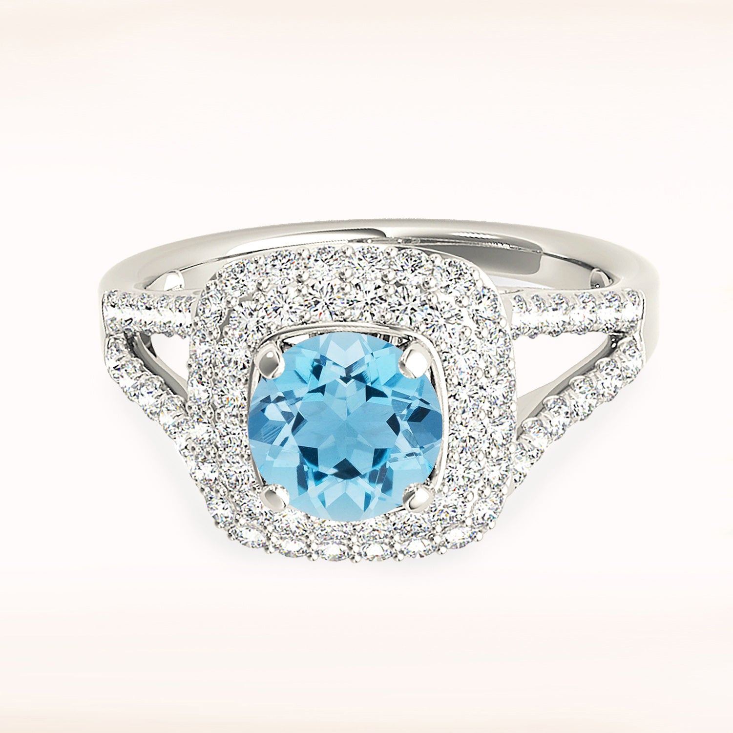1.10 Ct Genuine Aquamarine Engagement Ring - Cushion Halo & Split Diamond Wedding Band - Perfect for Bridal, Anniversary & Special Occasion Gifts