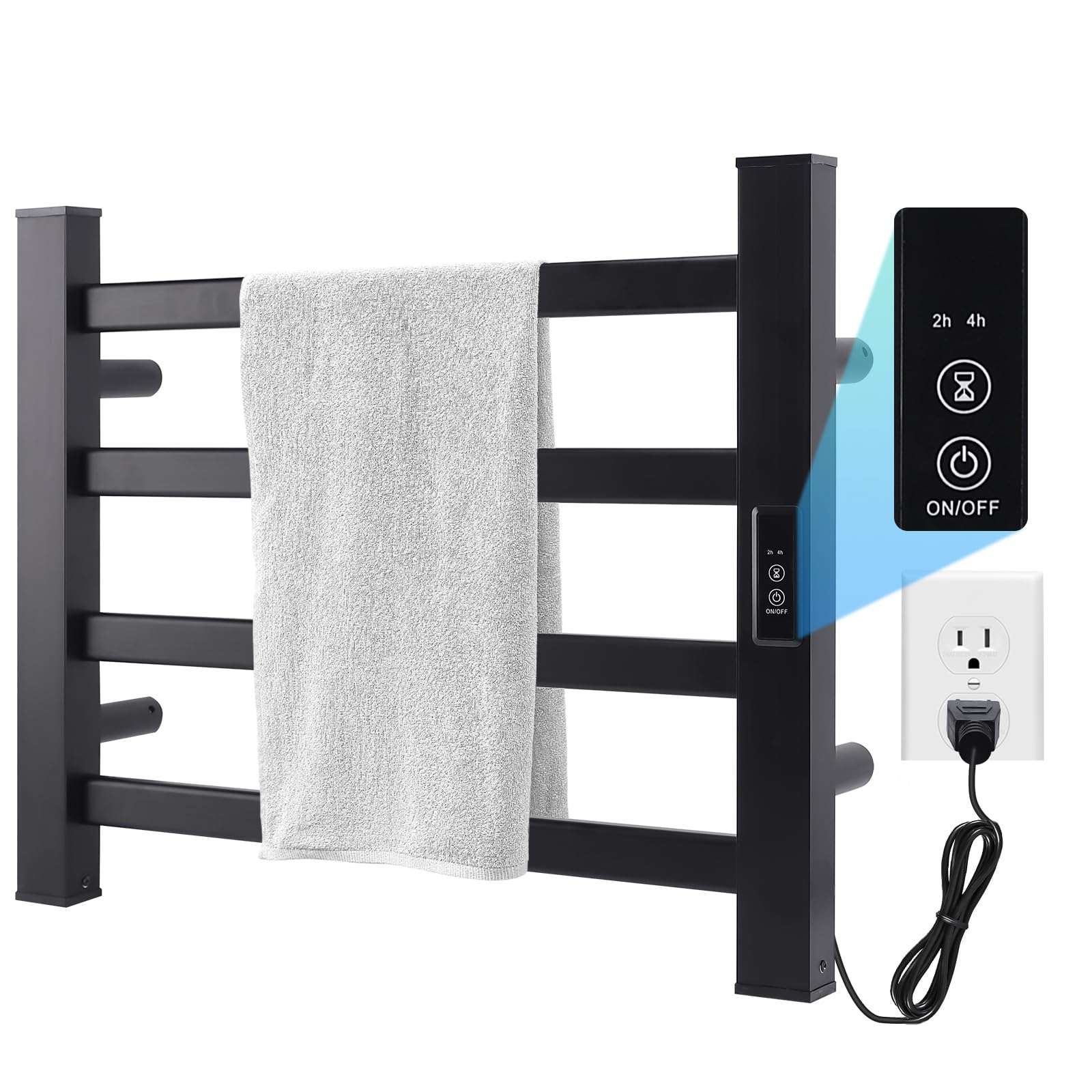 Electric Towel Warmer Heater - 4 Bar Wall Mounted Bathroom Towel Rack with Plug-in Heating, Matte Black - Perfect for Spa, Luxury Hotels & Cozy Home Bathrooms