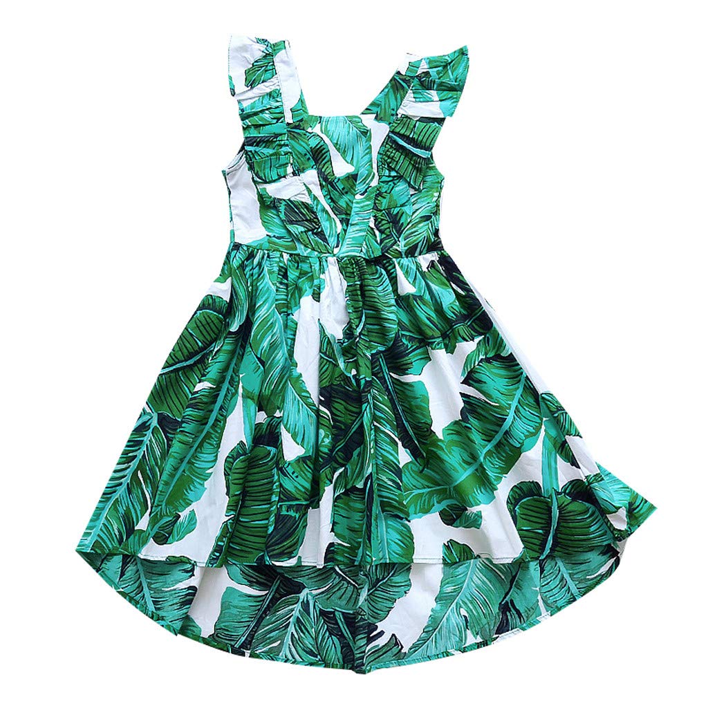 Hawaiian Tropical Sundress for Girls 4-12 Years - Sleeveless Leaf Print Ruched Summer Dress - Casual Beachwear for Kids & Teens - Perfect for Vacations, Parties & Outdoor Adventures
