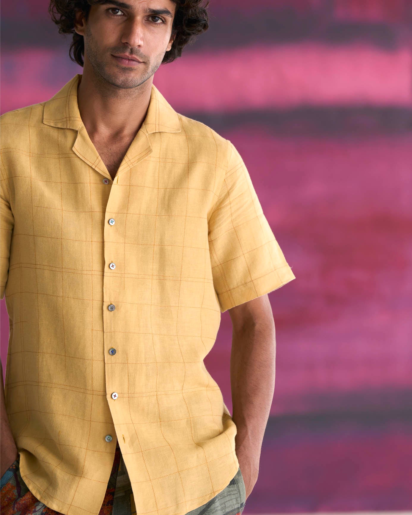 Men's Casual Bush Shirt - 100% Cotton & Linen Blend Checkered Shirt in Yellow | Perfect for Outdoor Adventures, Camping & Summer Travel
