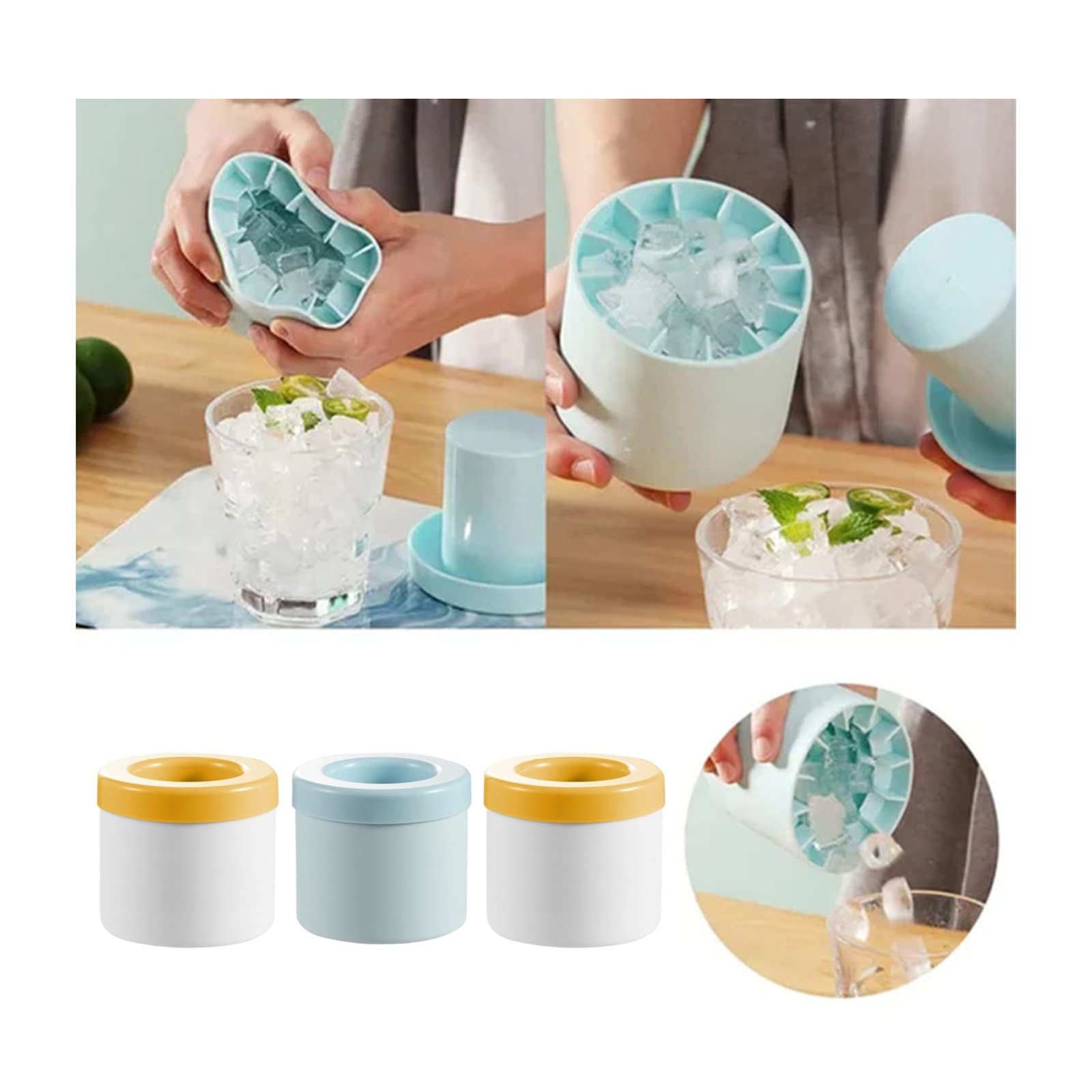 2023 Premium Silicone Ice Cube Tray Set - Whiskey Ice Ball Maker & Cocktail Ice Mold, BPA-Free Freezer Safe for Coffee, Juice, Water - Perfect for Home Bar, Parties & Entertaining (Blue + Yellow 3-Pack)