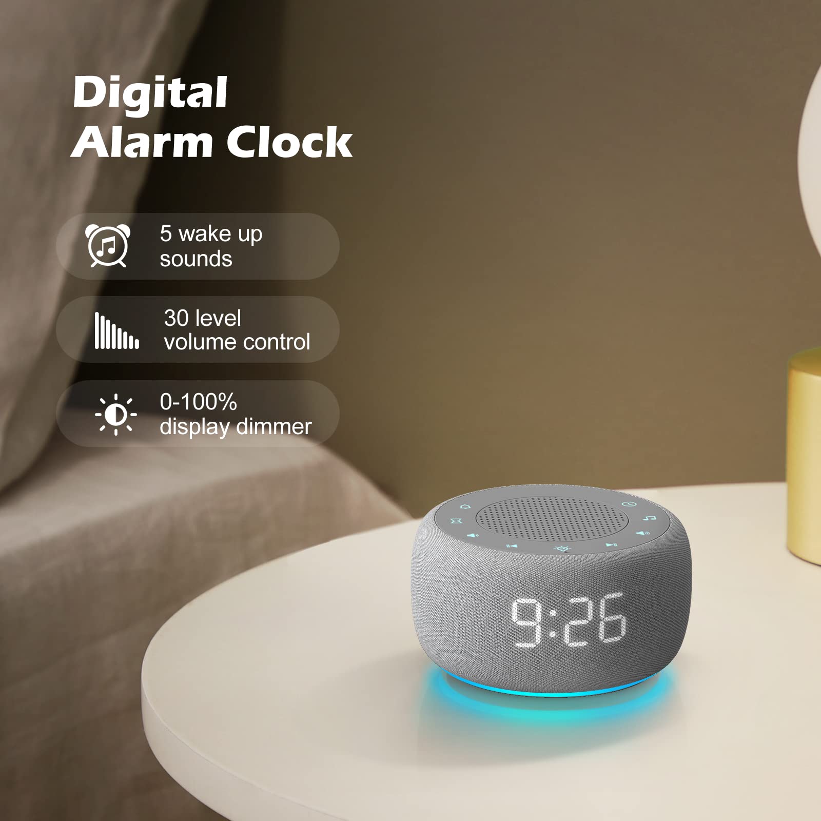 Buffbee 2-in-1 White Noise Machine & Alarm Clock with 18 Soothing Sounds, 7 Night Light Colors, Sleep Timer and 30-Level Volume Control - Perfect for Baby Sleep, Meditation, Office Focus and Home Relaxation