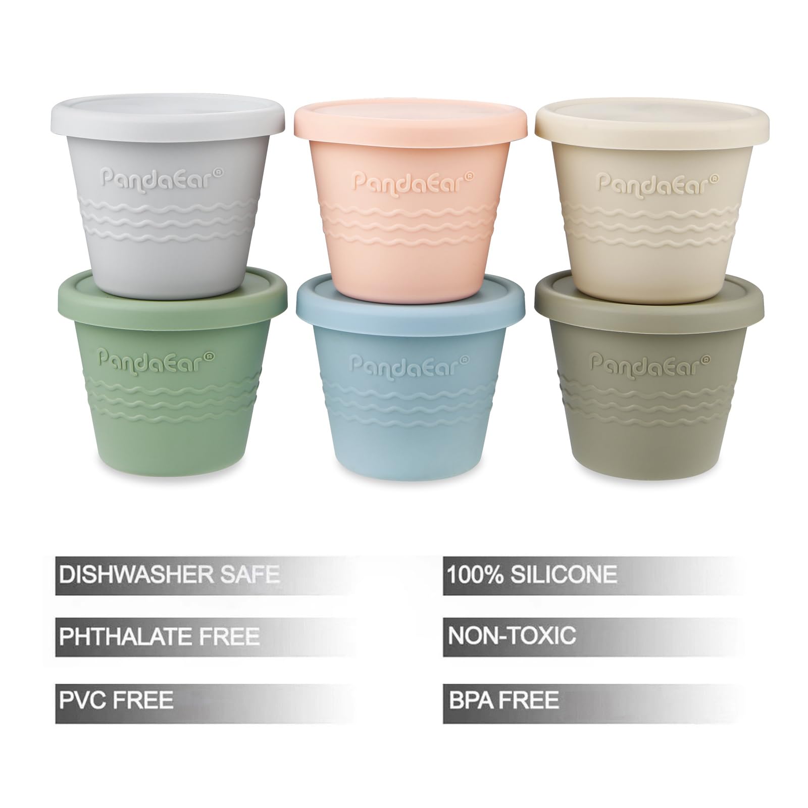 PandaEar 6 Pack 4 oz Silicone Baby Food Storage Containers with Lids - Reusable Leak-Proof Snack Containers for Kids & Toddlers - BPA-Free Freezer Safe for Homemade Puree, Breast Milk Storage - Perfect for Daycare, Travel & Meal Prep