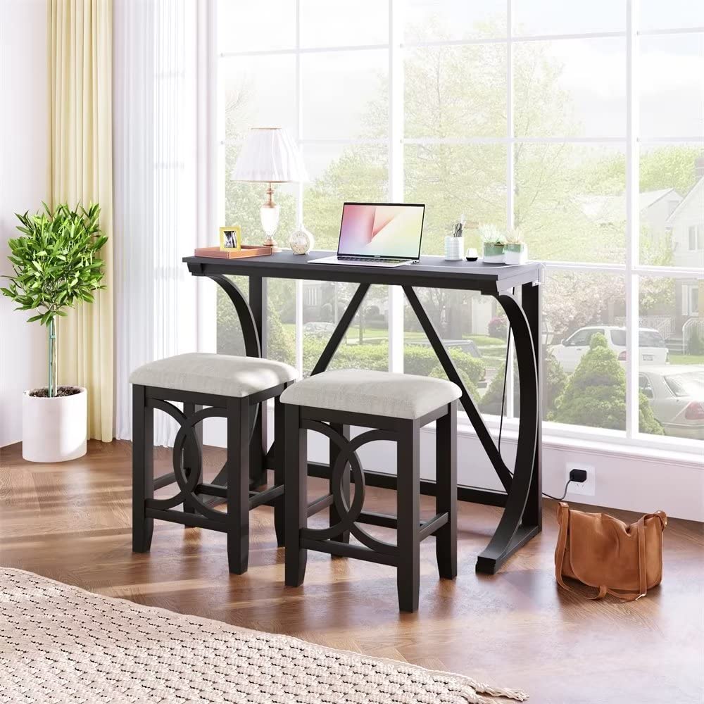 JINS&VICO 3-Piece Counter Height Dining Set - Farmhouse Style Wood Bar Table with 2 Linen Upholstered Stools, Kitchen Island Set with USB Charging Port for Small Spaces, Breakfast Nook or Apartment Dining - Espresso Finish