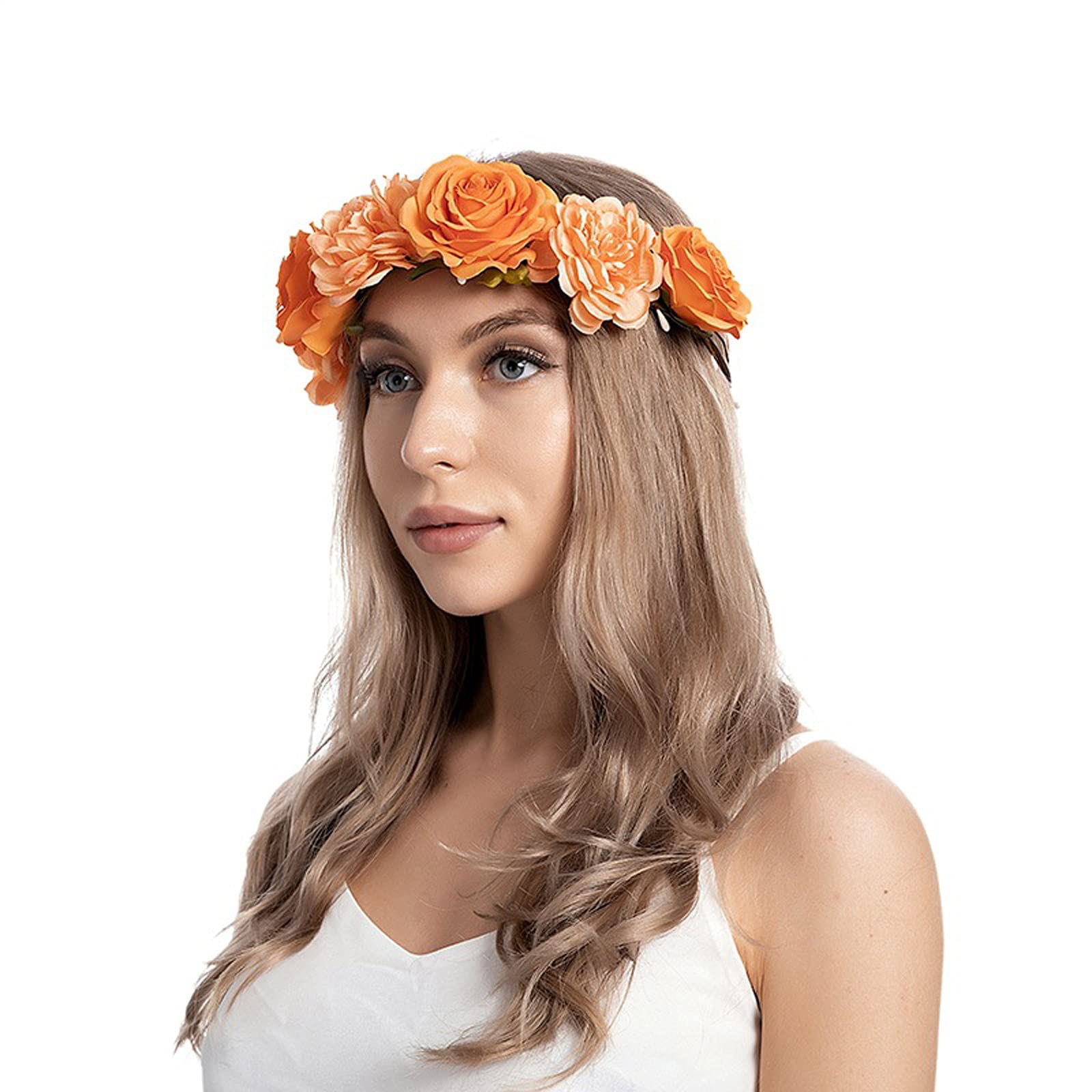 SHOBDW Orange Floral Wreath Headband - Women's Flower Hair Garland Crown for Birthday Parties, Photography, Carnivals, and Festive Events