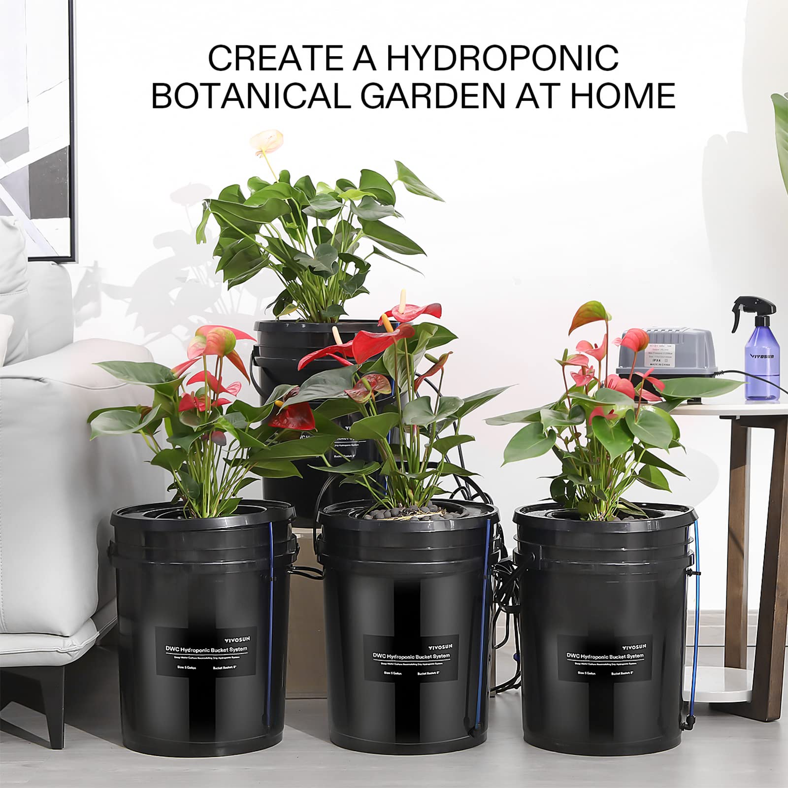 VIVOSUN 5-Gallon DWC Hydroponics Grow System with Top Drip Kit - Deep Water Culture Recirculating Garden System, Includes Air Pump, Hose & Stone (4 Buckets) - Ideal for Indoor Herb, Vegetable & Flower Growing