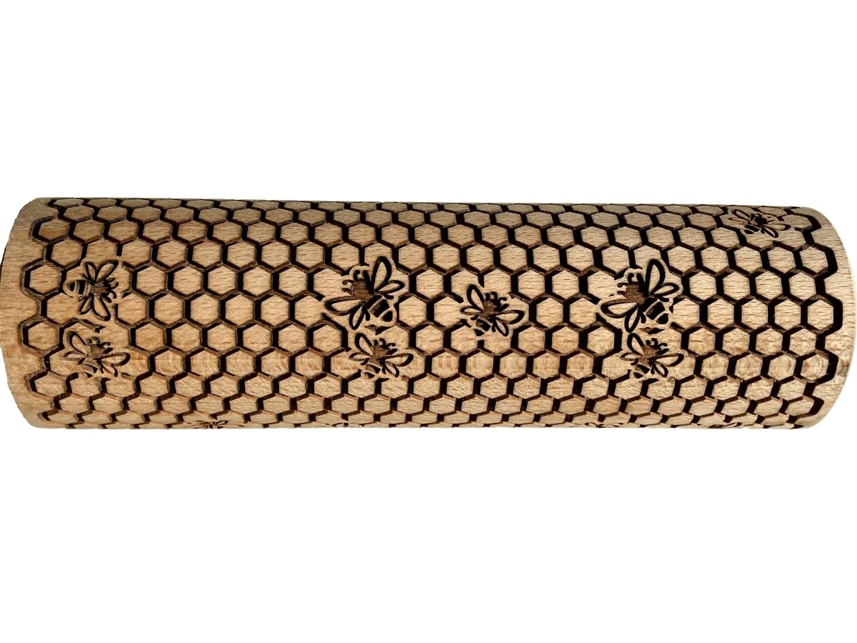 BEEHIVE Embossing Rolling Pin with Laser Engraved Pattern - Premium Embossing Dough Roller for Homemade Cookies, Pottery & DIY Crafts by Algis - Perfect for Baking, Ceramic Art & Creative Projects