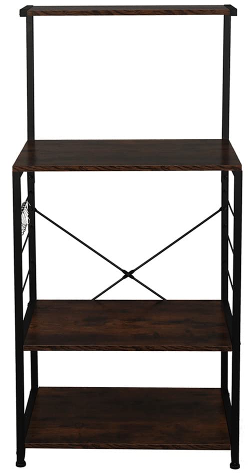 4-Tier Metal Standing Baker's Rack with Hooks - Rustic Brown Kitchen Microwave Oven Stand, Multipurpose Storage Shelf for Living Room & Kitchen - Perfect for Small Spaces, Pantry Organization & Baking Needs